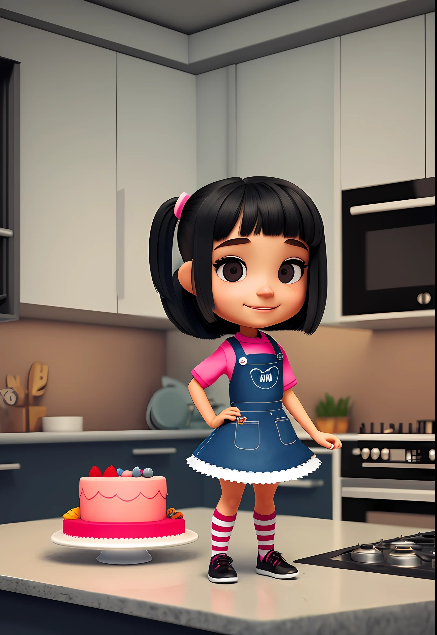 uma personagem girl character pixar, chibi menina bonita, Black eyes Realistic well detailed Utra HD scenery detailed in a kitchen with mixer and cake. traje