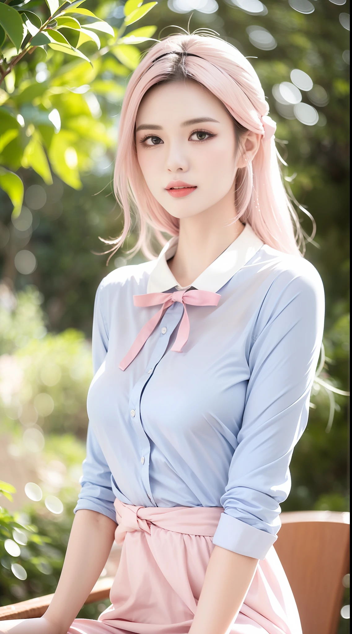 (masterpiece), (high quality), (8k resolution), (RAW photo), (best quality), (masterpiece:1.5), (realistic:1.5), ((photo realistic)), vibrant details, hyper realistic,1girl, (cute:1.2), beautiful, high-quality and detailed face, perfect face, (white hair And light pink hair:1.4), rosy cheeks, detailed eyes, (blue eyes),colorful eyes,(watery eyes),nsfw,, slender body, looking at viewer, closed mouth, real human skin, shiny skin, mid breasts, ((school uniform)), sitting, bed,