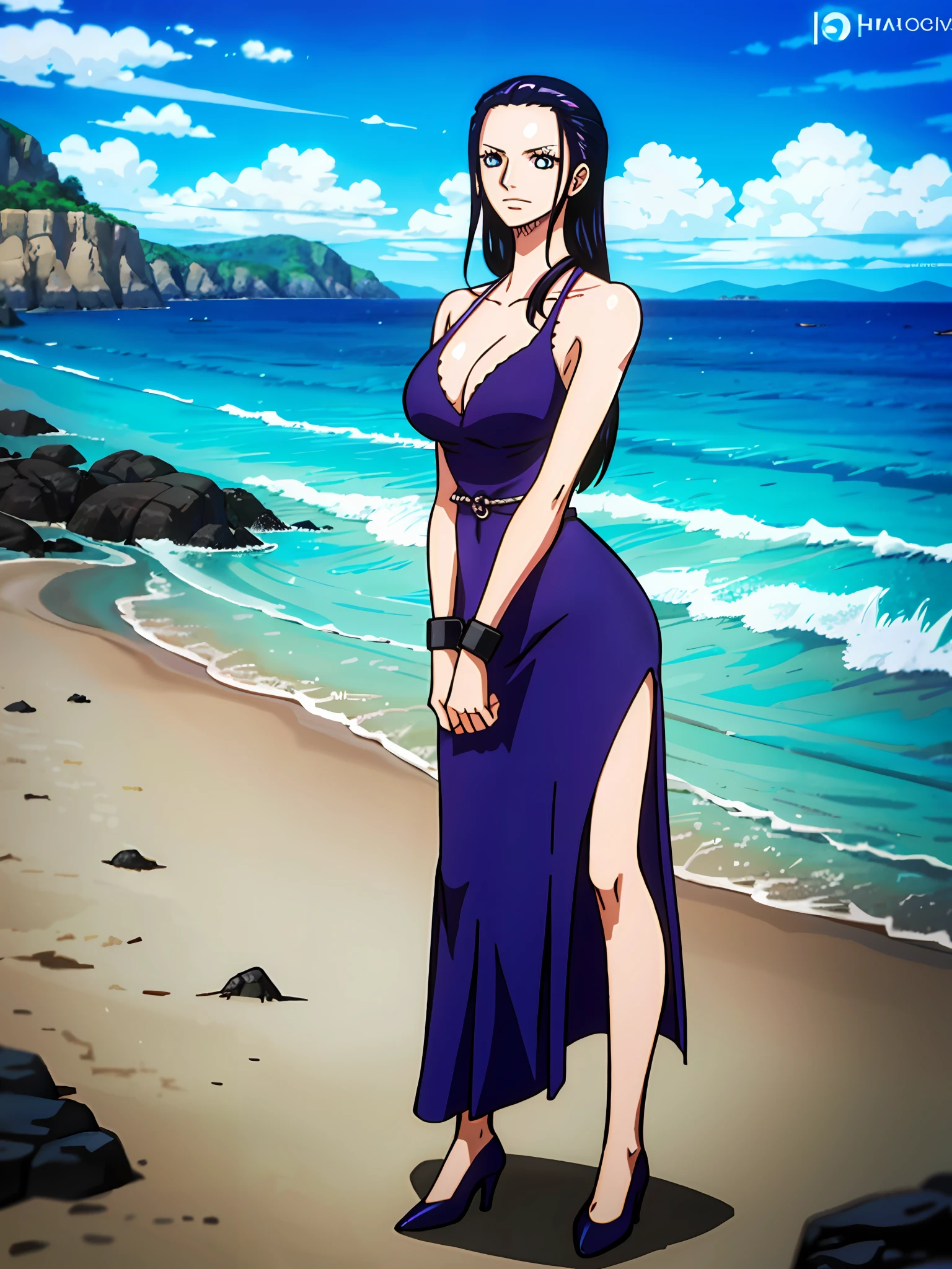 1girl, (shapely body), (solo), 30 years old,  hdr, beach, nico robin, restrained, Woman Tied with Rope, Handcuffs, arms Behind Your Back,