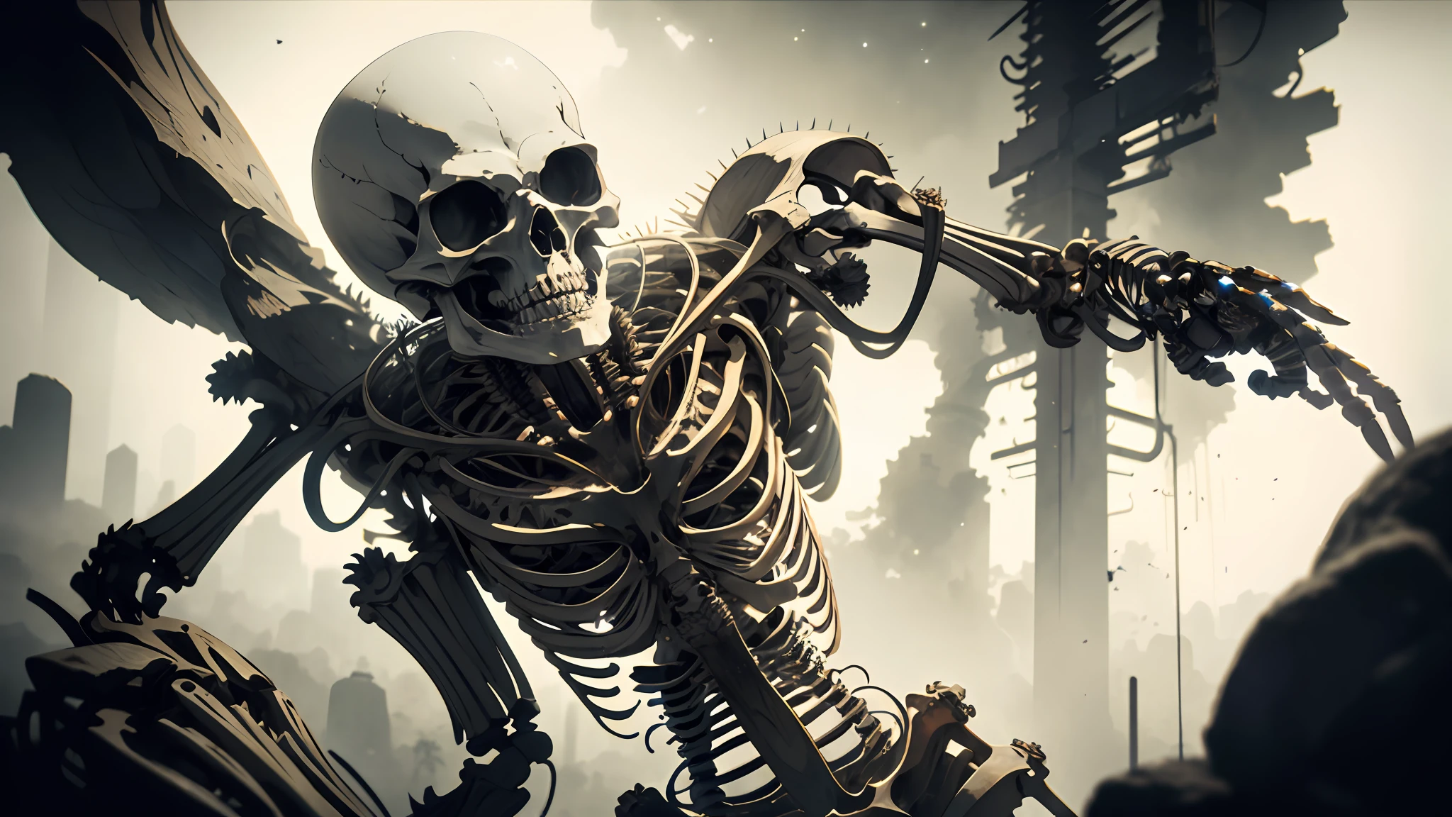 human skeleton, intricate hyper detailed ultra sharp 3 d render, unity of mood, biomechanical cyborg, atmospheric, cyberpunk art nouveau, haute couture alexander mcqueen, blooming transparent fractal filigree, intricate details, octane render, volumetric cinematic lighting, natural beautiful light, lumiol, 8 k
