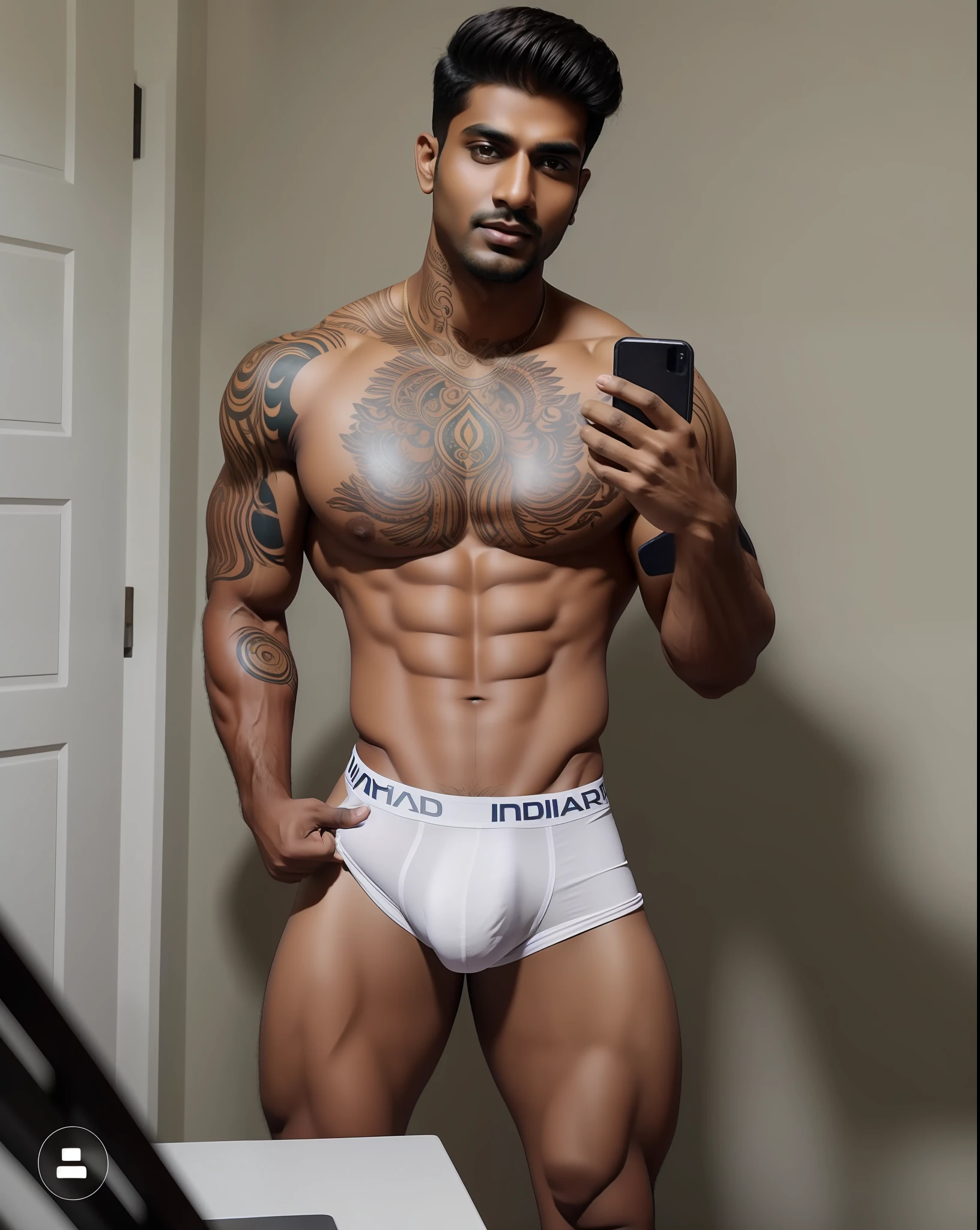 Indian muscular body without tattoo and change his body to indian body,indian skin colour ,8k, ultra realistic real
Big penis size shows from underwear