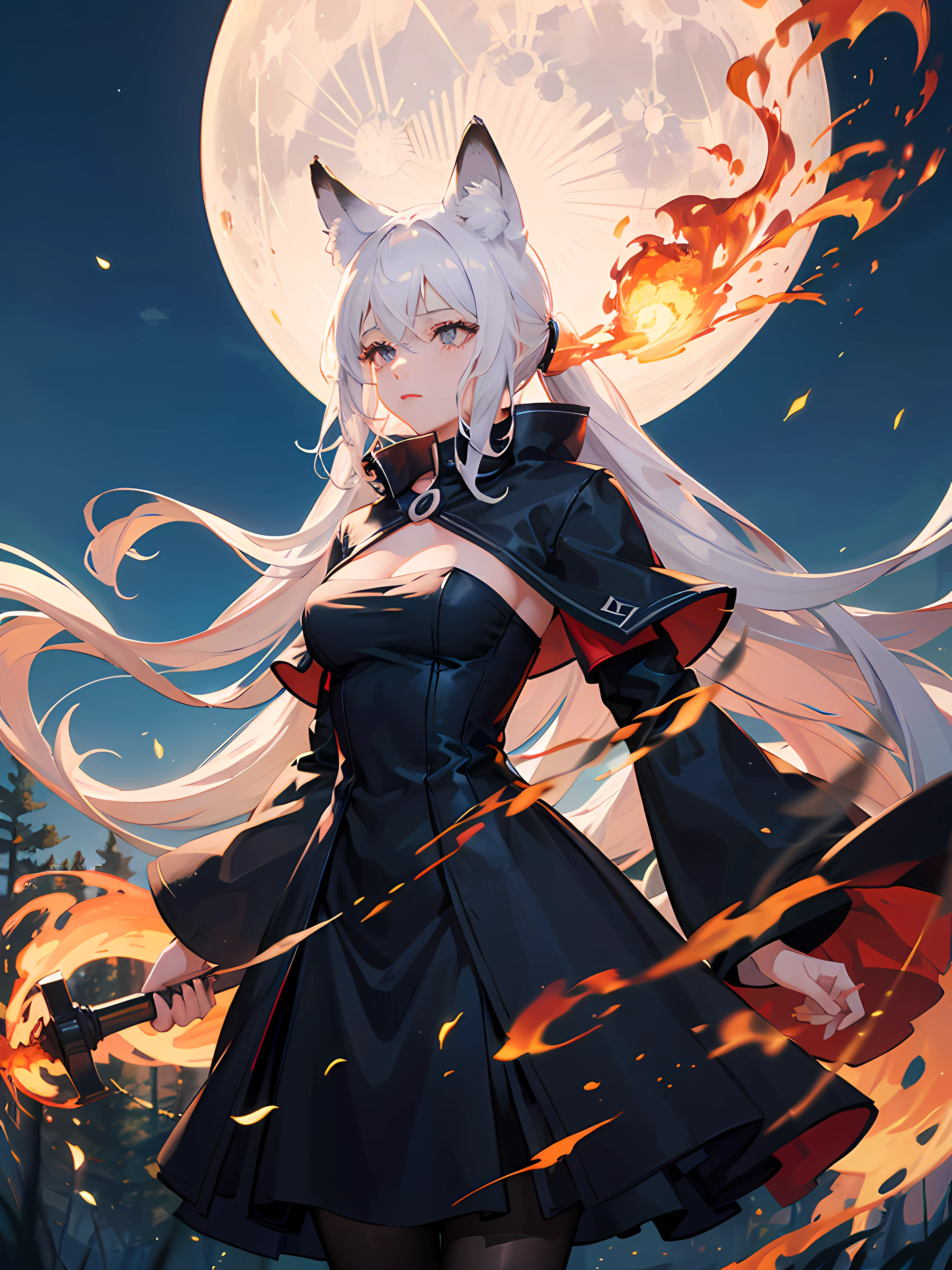 (Masterpiece:1.2, Best quality:1.2) , {Fox girl} , ((fox ear)) , Very long hair , pony tails , whaite hair , Medium breasts ,Black eyes ,((Masterpiece)), (((Best quality))), ((Ultra-detailed)), ((illustration)), ((Disheveled hair)) , parfect anatomy ,Black strapless dress, Cloak, Black pantyhose,eaba , Solo , one-girl , (at a forest) , magic , Fire on the hand , Night , Moon , Moon light , (Fighting posture) , Magical Circle , The hand rests on a large fireball , Fire cube on a circle ,