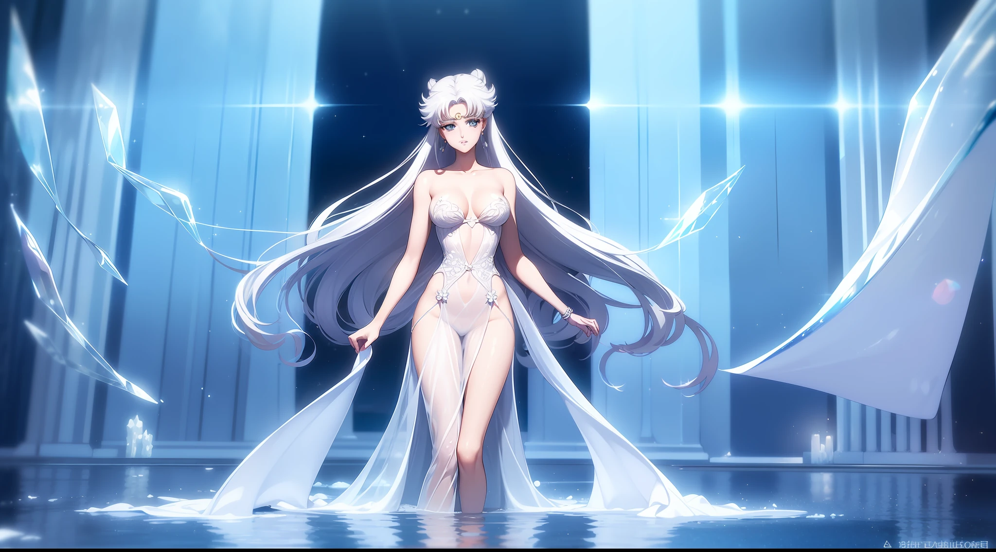 NSFW, ((beste-Qualit, 8K, tmasterpiece :1.3)), dramatic lighting, pretty woman, 1 girl, Sailor Moon, Detailed large eyes, tmasterpiece, breath taking, Viewer, Full growth in the frame, Long white hair, gray hairs, Two bundles on the head, pale skin, Odango hairstyle, Careful, ah high, Real water, White transparent wet long dress, semi transparent dress, Wet, crystal clear water, The water is flowing, beautiful big breasts, sexypose, sexy expression, glossy skin, A crystal palace is visible in the background, Palace of Crystals, Crystals and crystal in the air and around the character, Beautiful flowers, Crystals glow