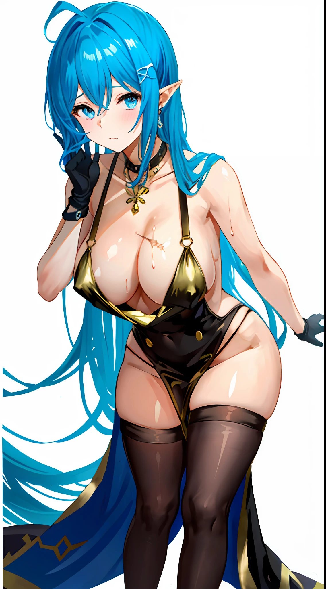 ((Little sister)), 1girl, realisticlying, best qualtiy, ((((Bodily fluids flow down the panties: 1.5),(Body fluids run down the thighs:1.8))), ((banya)), (shift dresses),(pointy ears))), (Be red in the face)))), lowerbody, (Low neckline), (20 yrs), ((Over-the-knee stockings: 1.5)), (Large breasts: 1.9)))), (Raised : 1.8))))), (((((opening legs: 1.8))