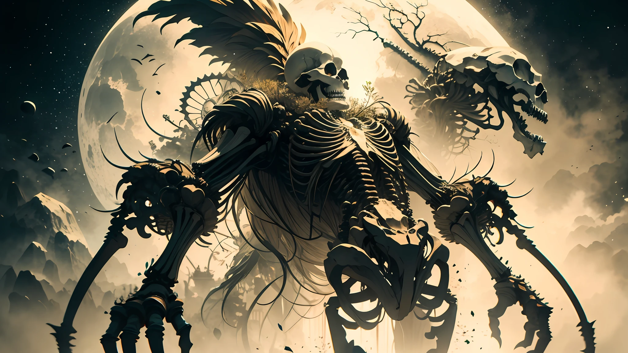 Human skeleton, Intricate, ultra-detailed, сверхчеткий 3D-рендеринг, Unity of mood, biomechanical cyborg, atmospheric, cyberpunk art nouveau, Haute Couture by Alexander McQueen, Blooming transparent fractal filigree, intricate details, Octane Render, Volumetric cinematic lighting, Natural beautiful lighting, Lumiol, 8 k