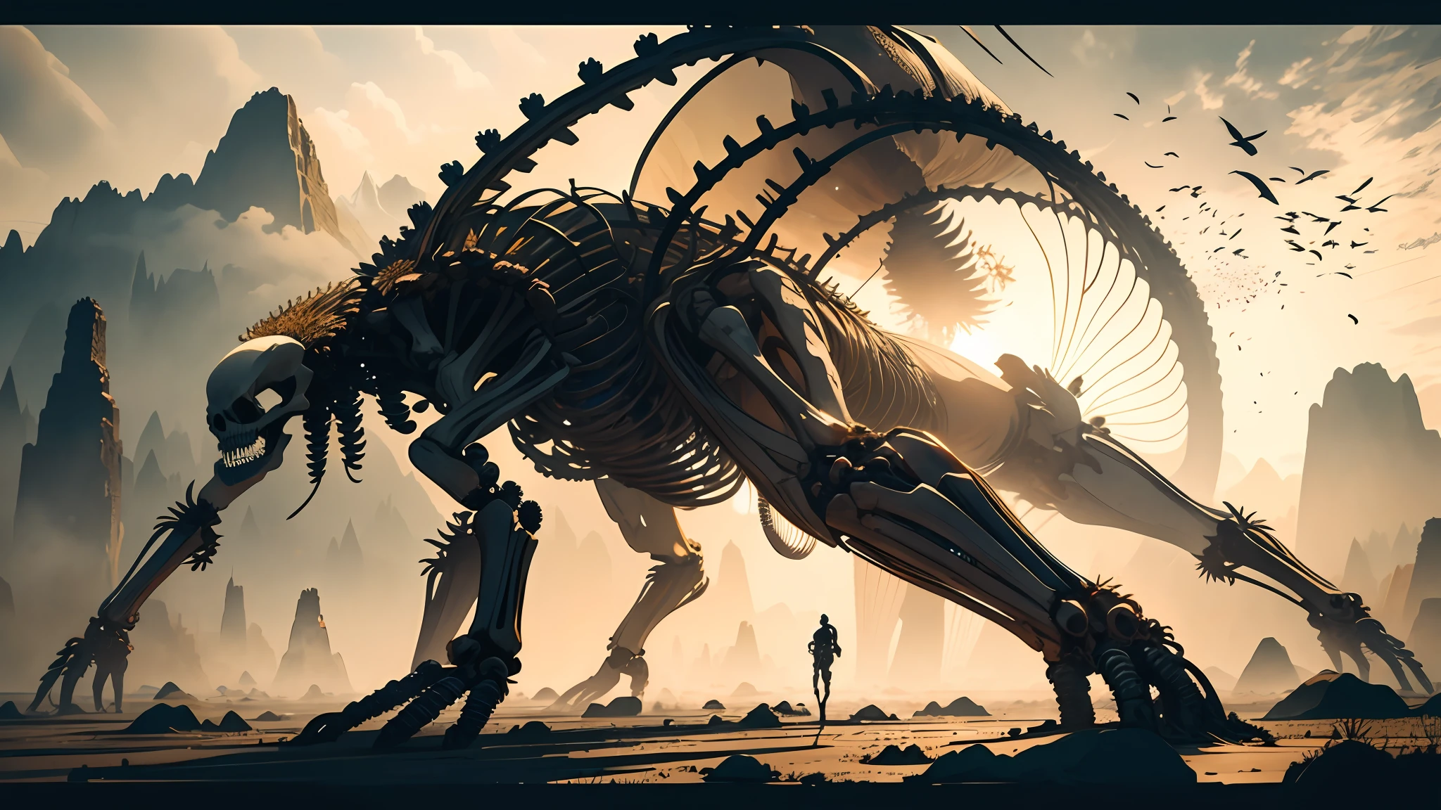 Human skeleton, Intricate, ultra-detailed, сверхчеткий 3D-рендеринг, Unity of mood, biomechanical cyborg, atmospheric, cyberpunk art nouveau, Haute Couture by Alexander McQueen, Blooming transparent fractal filigree, intricate details, Octane Render, Volumetric cinematic lighting, Natural beautiful lighting, Lumiol, 8 k