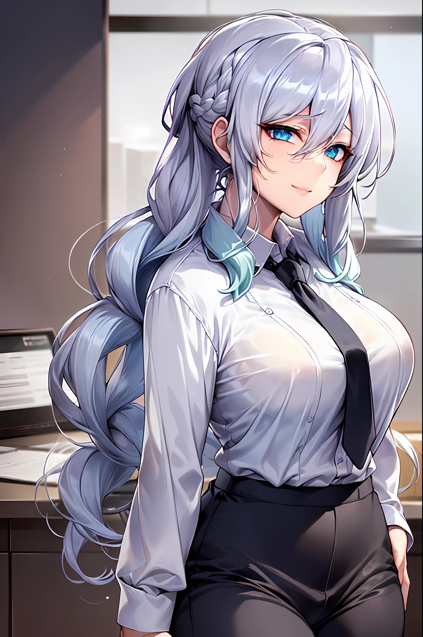 ((masterpiece)), (best quality), beautiful, extremely detailed face, perfect lighting,ultra-detailed,((expressionless)),((cold attitude)),((tsurime)),((tareme)),breasts,((Mature female)),((yukino, long hair, smile, bangs, (big breasts:1.2), braid, silver hair, braided ponytail, blue eyes, ringed eyes,
shirt, long sleeves, white shirt, necktie, collared shirt, pants, black pants, formal, suit, black necktie, shirt tucked in, office lady, full body