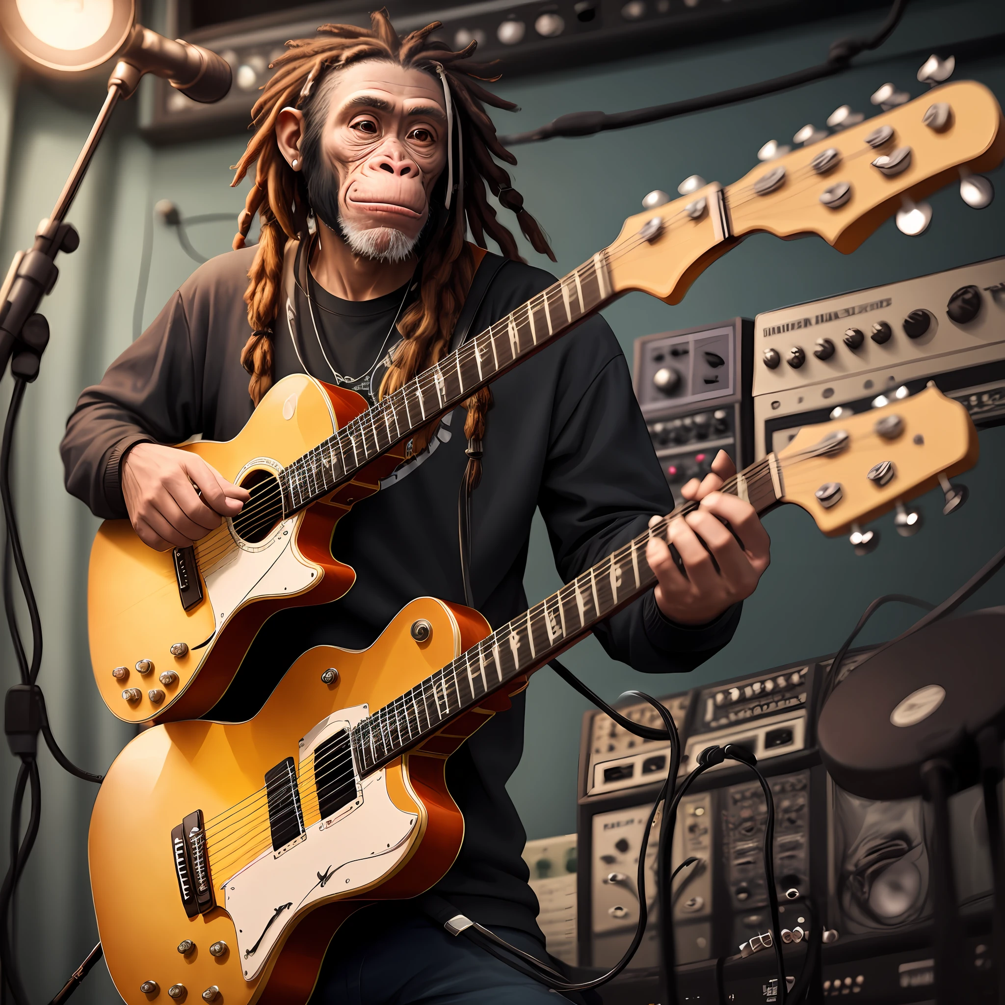 Man musician chimpanzee's face dreadlocks playing guitar in a music studio