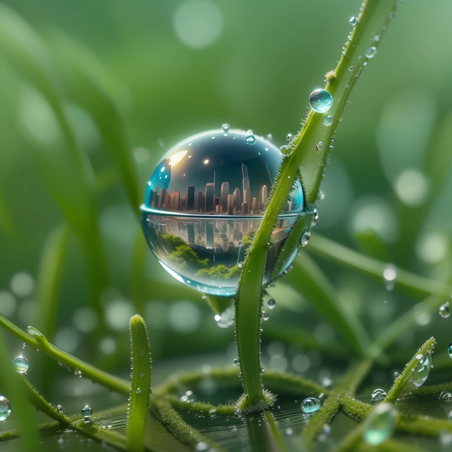 morning, Macro photo, A drop of dew on the grass, ((The globe in a drop of dew)), (( The night city is reflected in a drop)), Beautiful landscape, 真实感, hiquality, higly detailed