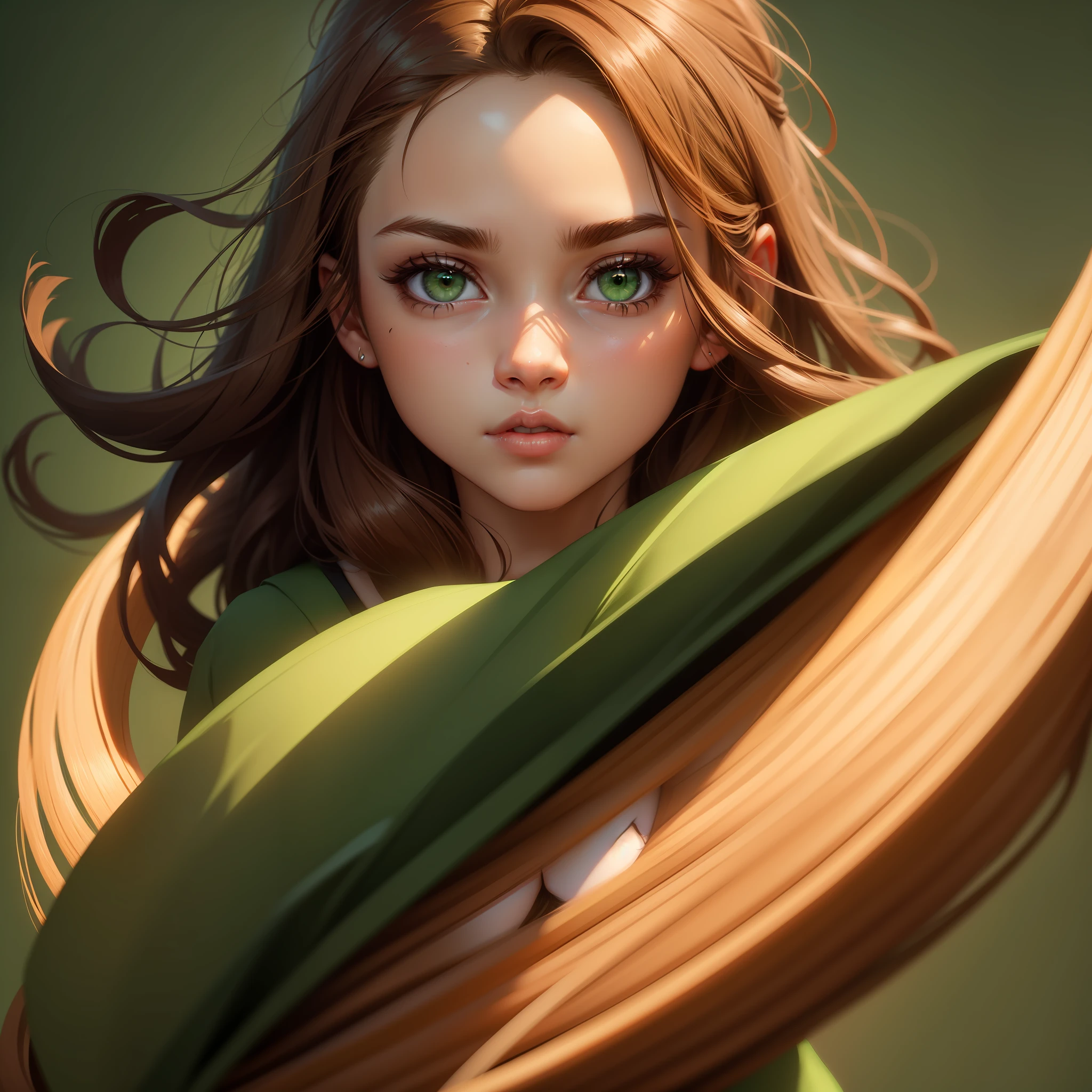 Girl with brown hair, green eyes, animation,cute,love, attitude, simple, ultra 8k resolution