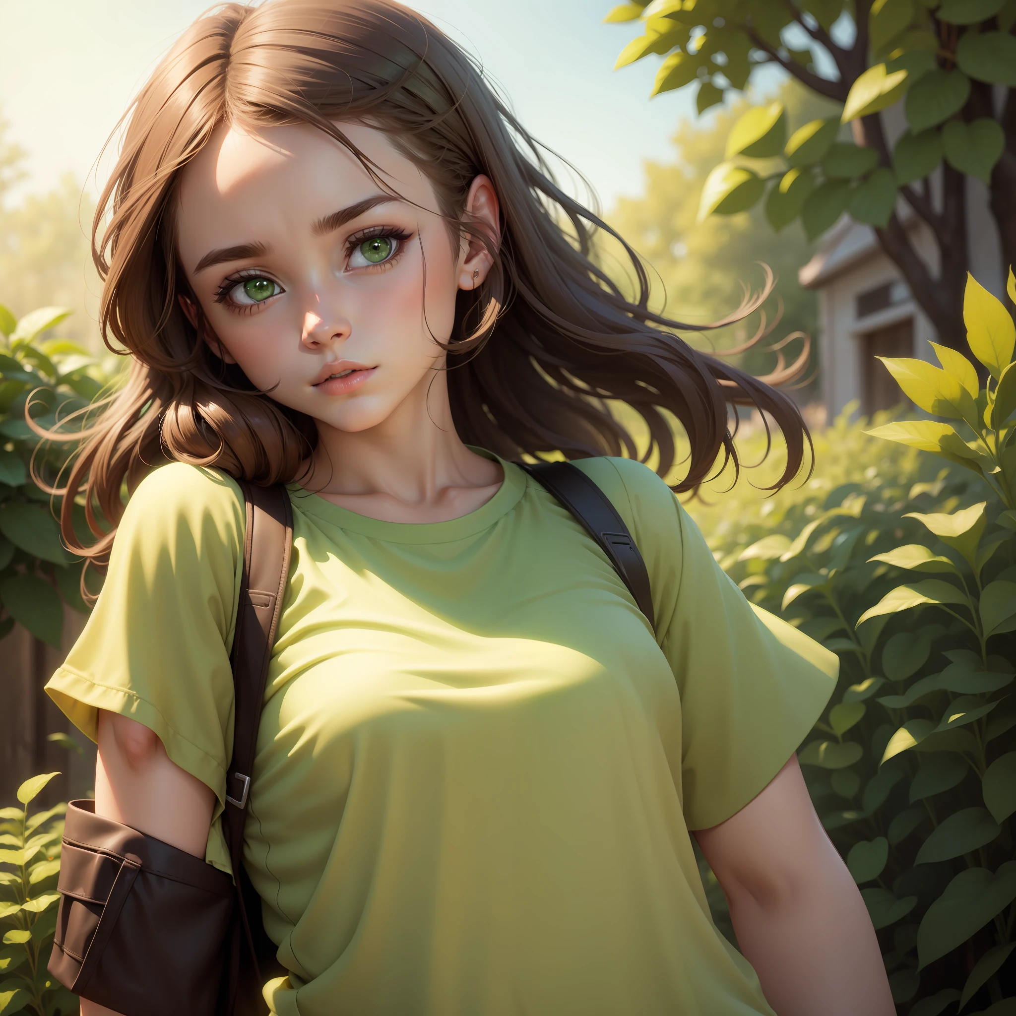 Girl with brown hair, green eyes, animation,cute,love, attitude, simple, ultra 8k resolution
