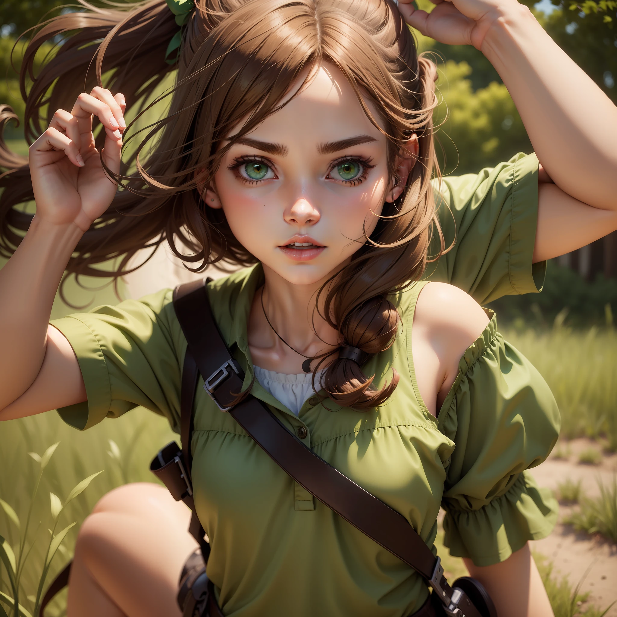 Girl with brown hair, green eyes, animation,cute,love, attitude, simple, ultra 8k resolution