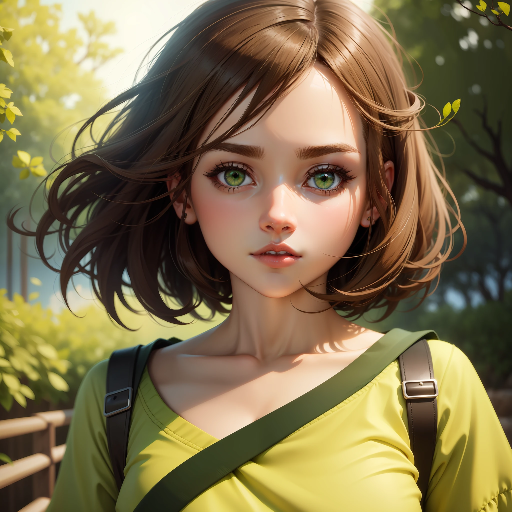 Girl with brown hair, green eyes, animation,cute,love, attitude, simple, ultra 8k resolution