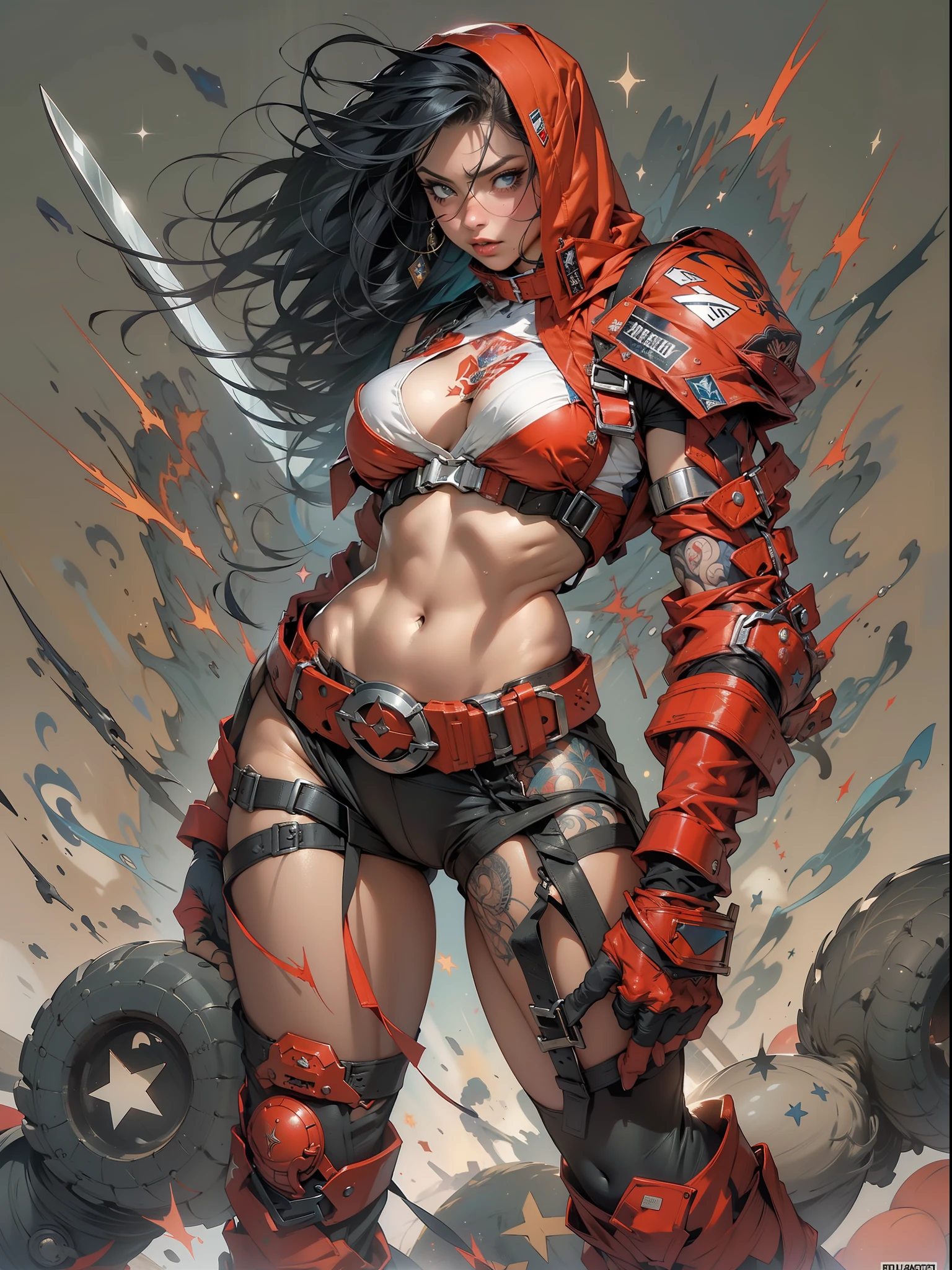 (((mulher))), (((melhor qualidade))), (((obra prima))), (((adulta))), Uma guerreira mulher de 35 anos com corpo perfeito, Brooklyn Gladiators, (( under boobs )), quase nua no estilo selvagem urbano de Simon Bisley para a capa da revista Heavy Metal, cabelo loiro, Minimum clothing, armadura (azul escuro com estrelas brancas e vermelho com listras brancas), cheio de pontas e rebites manchadas de tinta, tatuagem de estrelas de 5 pontas, (((corpo inteiro))), cabelo preto curto com franja branca cobrindo a testa