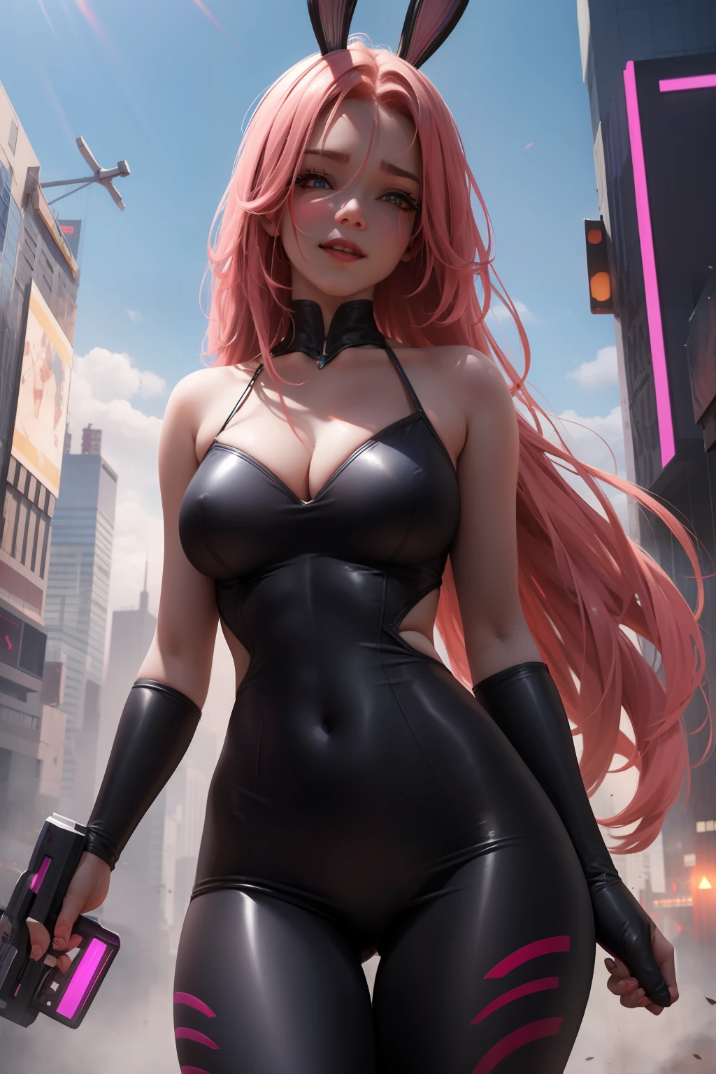 Two crazy girl hugging, Hyper Detail, Girls Only, Dynamic Lighting, (Glossy skin: 1.5), Masterpiece, Top Quality, Absurdity, really short demon clothes, breasts, cleavage, golden eyes, ray tracing, very long hair, masterpiece, hair between eyes, blush, NSFW, sexy, dynamic poses, wet, bunny ears, bunny tail, highly detailed, cyberpunk suit, crazy smile, attractive, psychotic, demon horn, blood