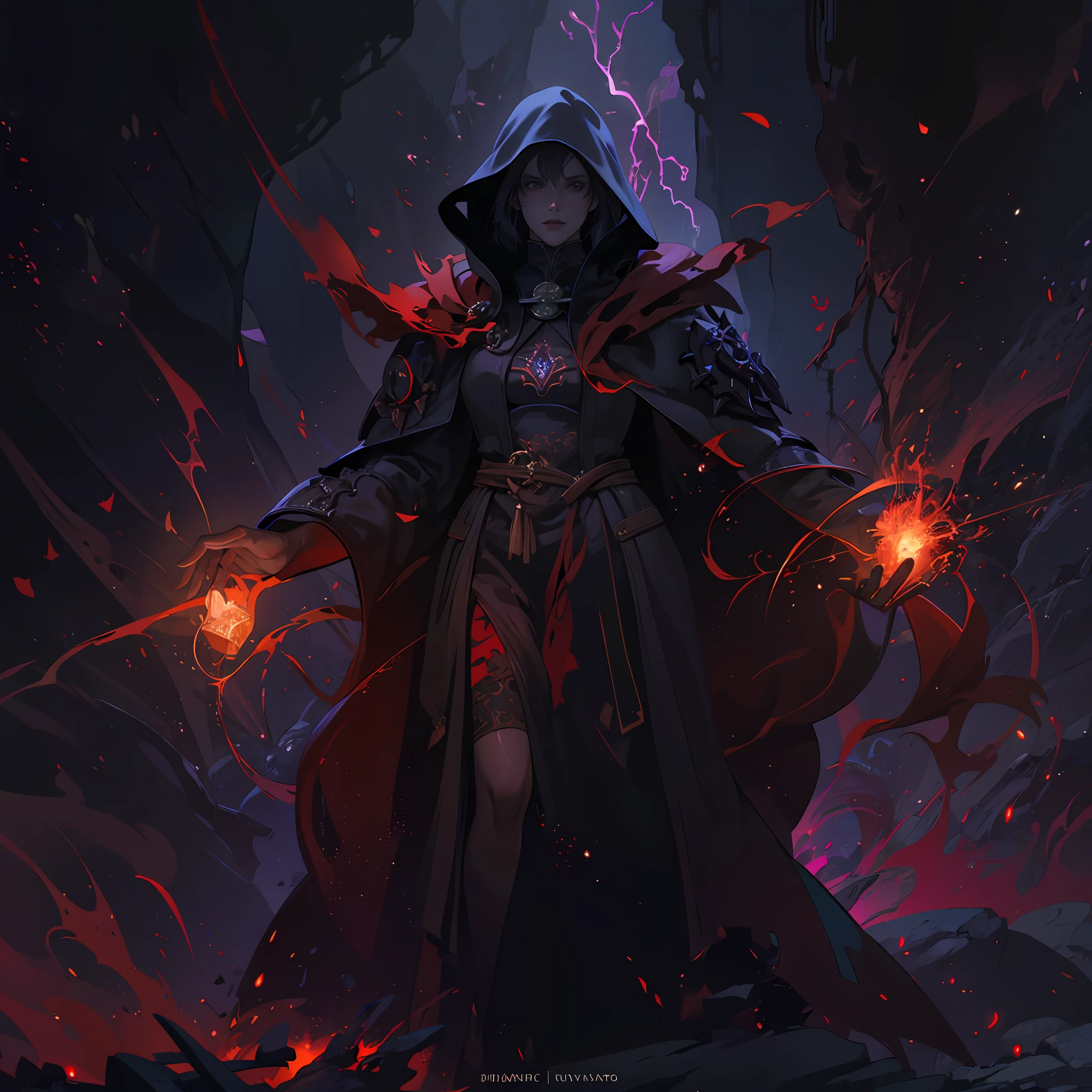 breathtaking concept art ((legendary dark mage lord)), black coat. (cave scenery), dark atmosphere, (vibrant colors), ((red sparks coming from the eyes)), eyecatching, mysterious and scary, dark fog, cave light, hd, 8k, masterpiece, trending on artstation, (depth of field), lot of details, highly detailed, style of Greg Rutkowski and Bastien Lecouffe-Deharme, award-winning, professional, highly detailed,large breasts