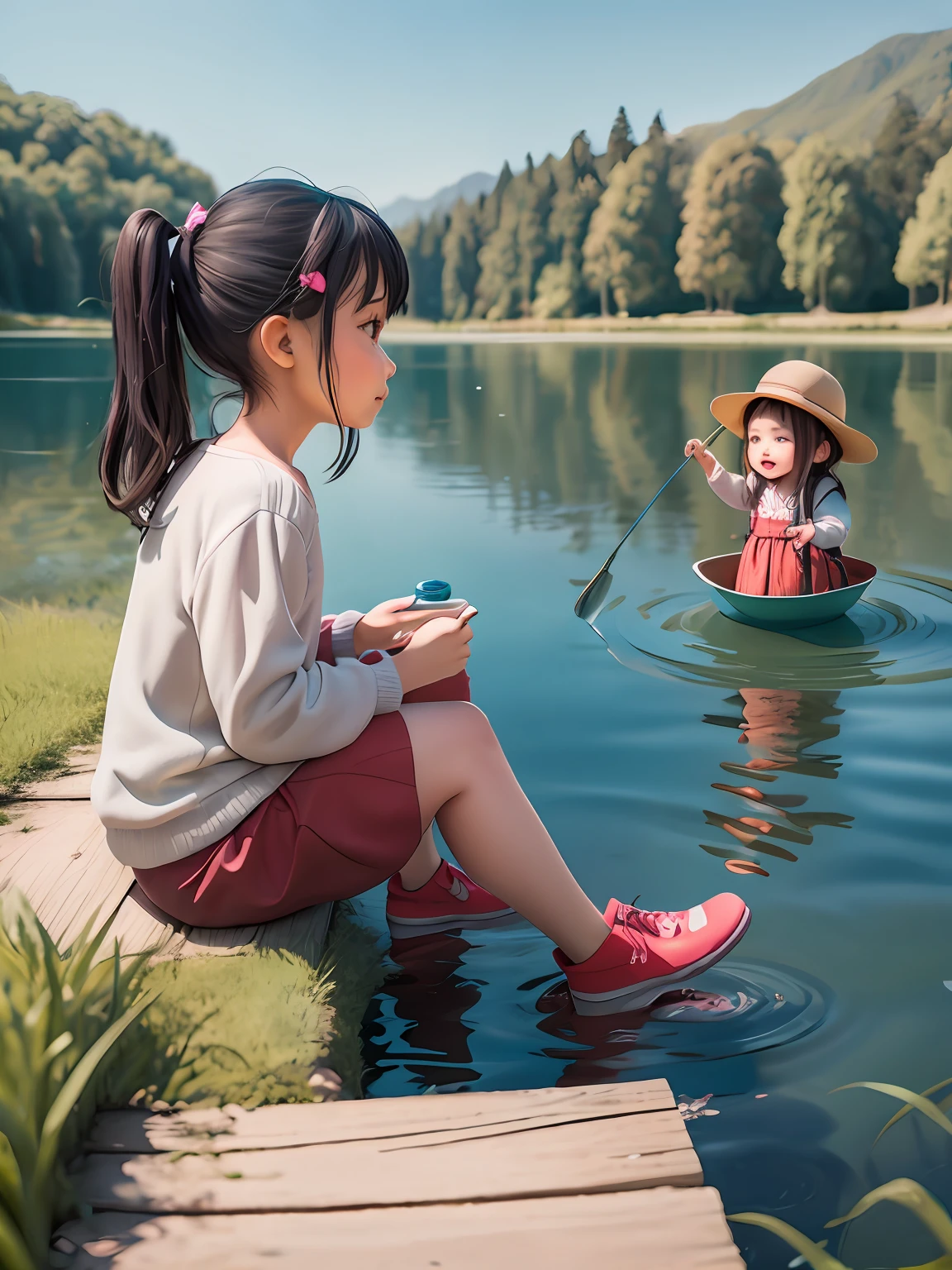 Had cute tells the adventure in the lake catching the fish to all the people who lived in his neighborhood people around the cute  girl listening to the stories of adventure in the blue lake