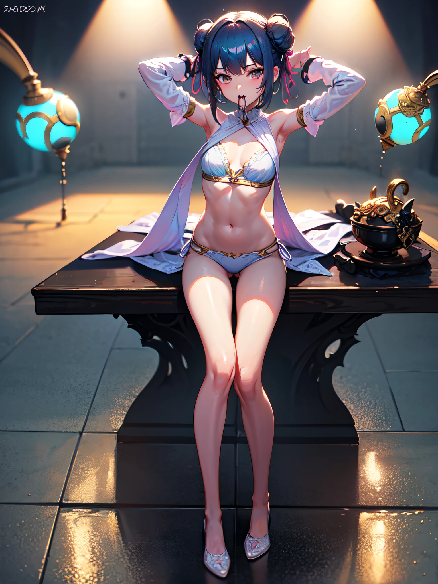 full body, floor level, sitting, on knees, open knees, stretching his arms behind the head, bellow one beauty woman whit medium turquoise hair, pulled up, double bun, wear sado outfit, tiny thonge, put in mouth sado ball, uncover skin, open neckline, seen hip, seen abdomen, sexi body highly detailed, looking at viewer, pink light skin, dynamic light, radiant colors, simple background