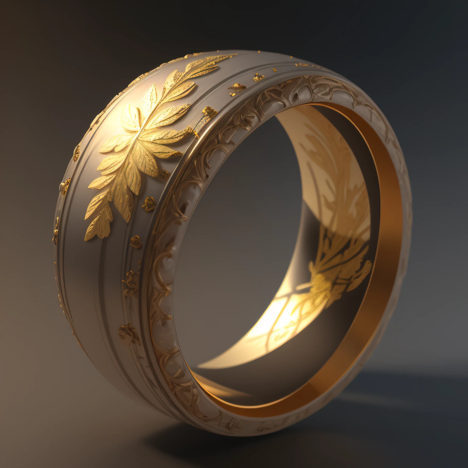 masterpiece, best quality, octane render, hdr,
no humans, simple background, black background, grey background, depth of field, gradient background,
(ring), silver, intricate detail, (small gold leaf) in ring,