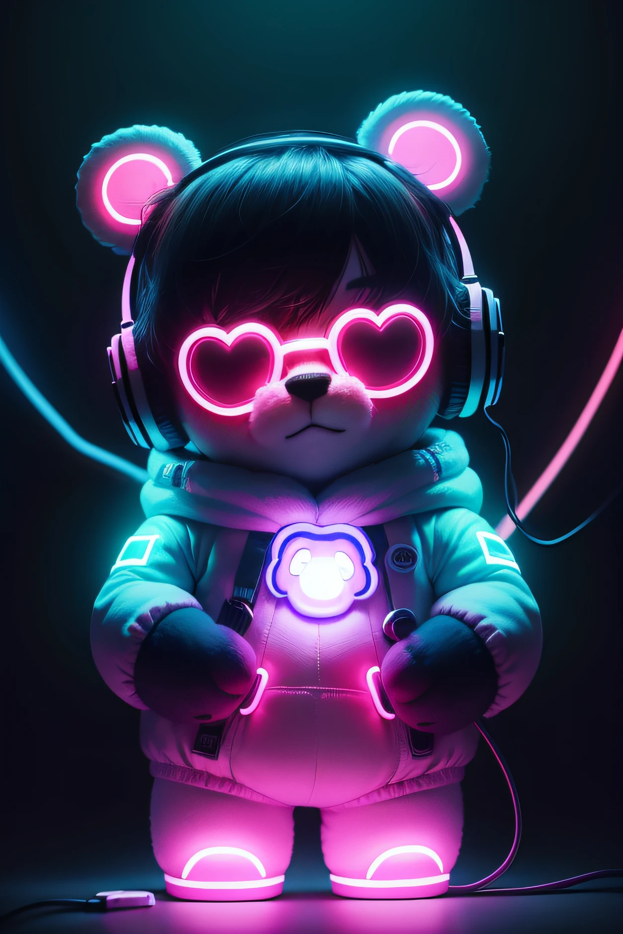 (animation style), (plushie), (estilo LED RGB), (teddy bear), (foco central), (neon), (led rgb), (neonsticks), (headphone), (sunglasses)