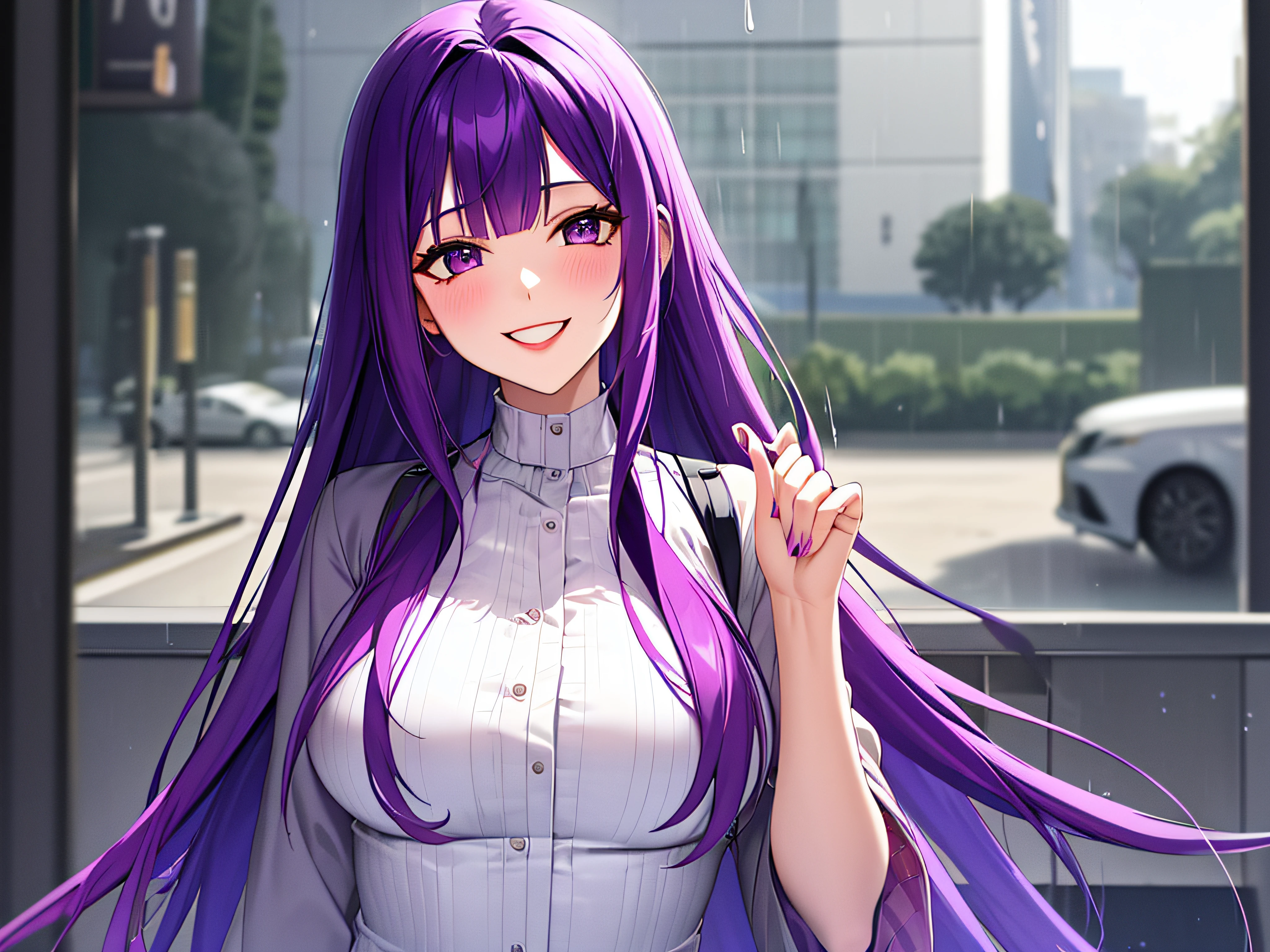 happy girl with purple hair in raining day