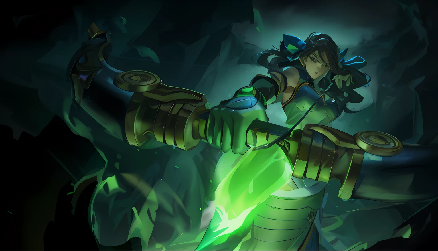 a close up of a woman with bow arrow in below paspectiv in her hand, amazing portrait of viego, iconic character splash art, glowing green soul blade, lucio as a woman, character splash art, official splash art, female lucio, splash art, wallpaper splash art promo art, 8k hd wallpaperjpeg artifact, 8 k hd wallpaperjpeg artifact