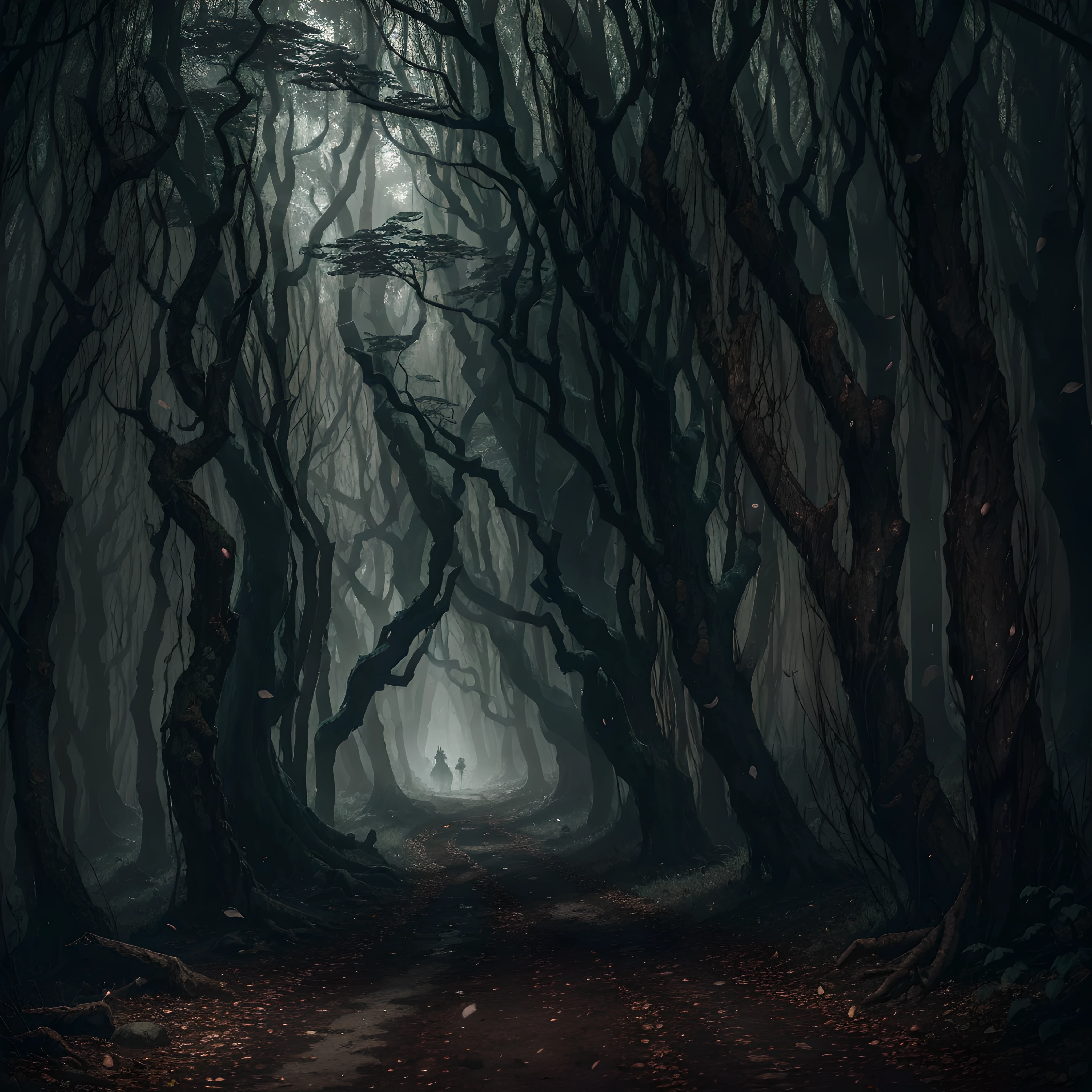 The cursed forest of Mirkwood stretches on for leagues in every direction, a sea of gnarled oaks and firs choked by shadow. Strange sounds echo among the trees as nameless creatures stalk the woods. The Old Forest Road cuts a winding path through the gloom, leading only to despair for those unwise enough to tread its crumbling stones.
A wretched creature stumbles along the road, hunched under the weight of a tattered pack tied to a branch hacked from a malignant tree. Dark stains mar the canvas, signs of unspeakable rituals carried out in the black of night. The thing that was once a man mouths silent words, incantations to demon lords, as he shambles along the accursed path. Madness glitters in eyes that have seen what should not be seen.
In the pack, gruesome trophies of the night's unholy work clatter together, jostled by the creature's shambling gait. Foul artifacts meant to open doors between worlds, pages ripped from blasphemous texts, and other unnamable items - all dredged up from depths that should never see the light. The horrors carried in that stained sack would drive any righteous man to madness.
As the gloaming deepens, the warped trees seem to lean in closer, reaching with claw-like branches. The scuttling and skittering of unnatural beasts echoes all around. Dark shapes flit through the underbrush, drawn by the miasma of evil surrounding the wretched wayfarer. When night falls fully, the creatures will emerge to take part in the depraved rituals, but for now they watch, and wait.
Onward the figure lurches, deeper into darkness. His mad mind no longer knows day from night, lost on the Old Forest Road under the shadow of Mirkwood's malevolent boughs. No good can come to one who carries such corruption through these accursed woods. --auto