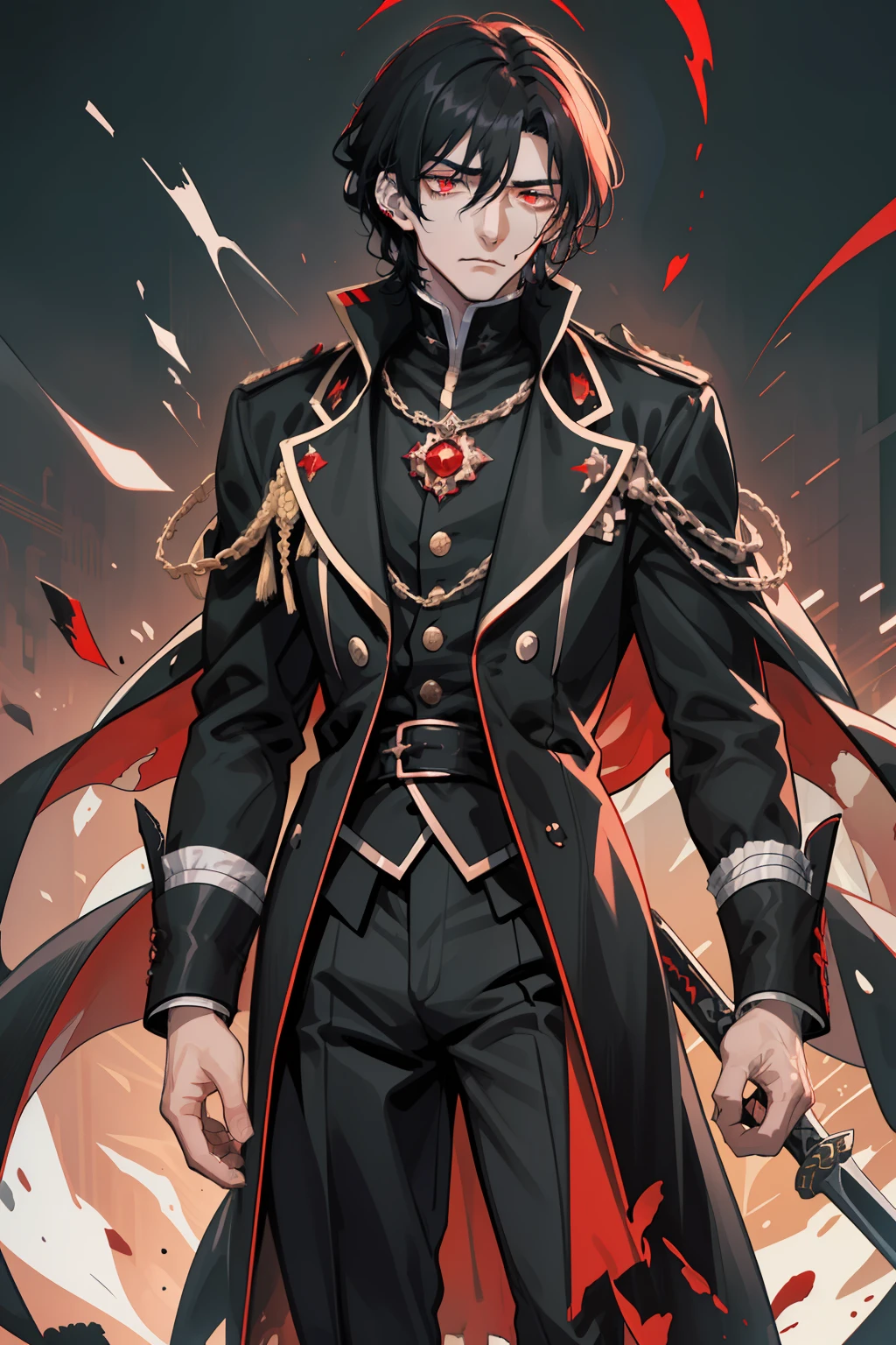 Tall man. A mysterious and dark character, whose presence exudes an ominous aura. It has a black color, As a resin, hairsh, piercing redness of the eyes, debilitating scarlet glow;. Men's clothing of the 18th century, black with scarlet inserts. Who carried out the order to kill an influential person. He has a blade in his hands, sprinkled with fresh blood;. s face, that does not express emotions.