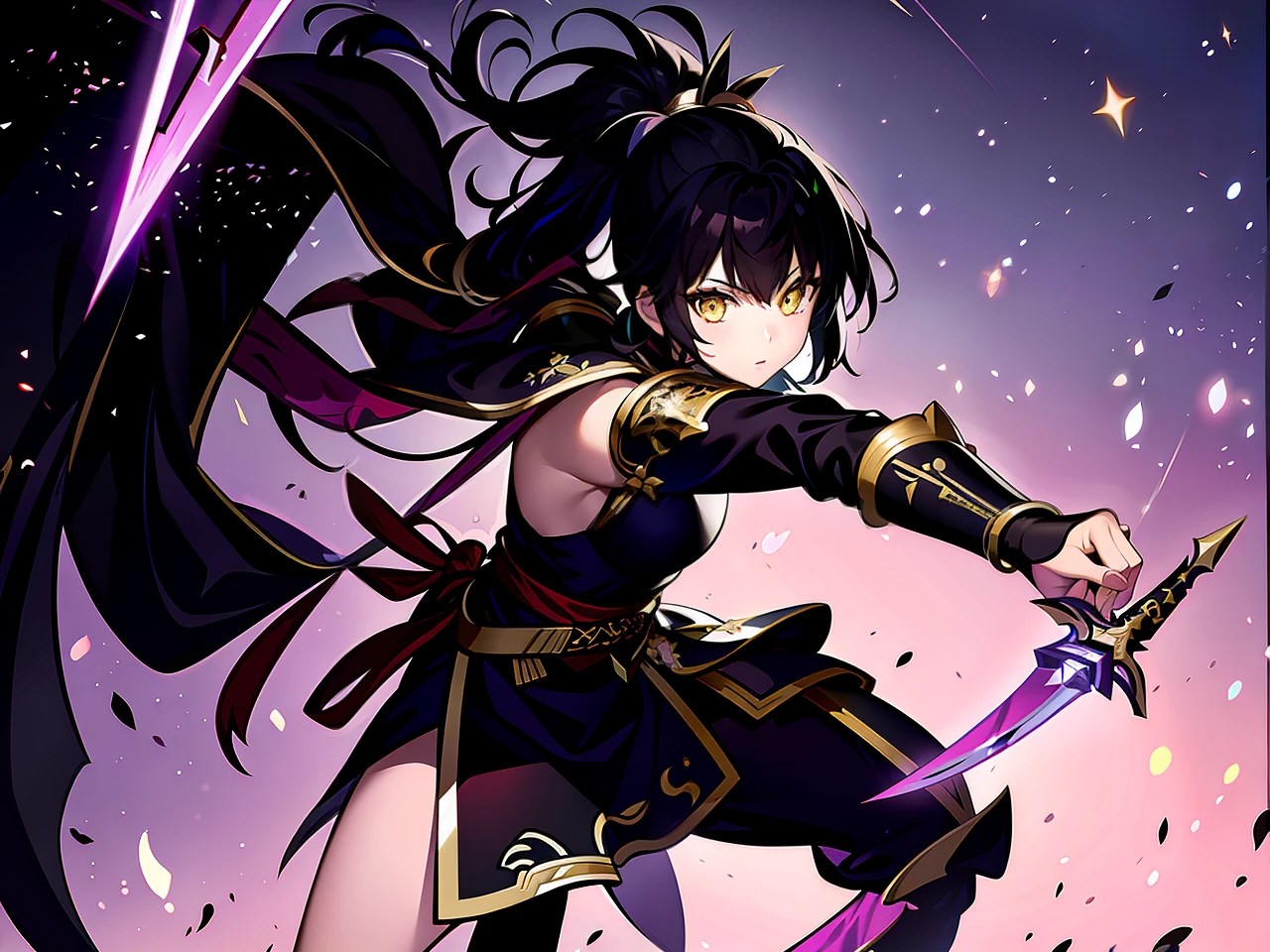 ((Girl)), ((Gorgeous bloody night sky, Background)), (golden blades on the ground) ,((Ultra Definition)), ((Best Illustration)), ((Cinematic)), Dynamic Angle, holding the sword in a battle position, Detail, (Glitter: 1.2), (Shine: 1.2), (Shine: 1.2), Classic, (Paint: 1.1), (Sketch: 1.1), (Best Quality), (Masterpiece: 1.2), (Anime-style), ( Solo), Beautiful Detail Face, (Big Eyes: 1.3), black Hair, (ponytail Hair: 1.2), (Floating Hair: 1.2), (Shining Sword: 1.3), (Magic Effects: 1.3),full body, (black and red samurai armor), (yellow eyes) , (yellow horns) , (crystal blades floating around her), splash art