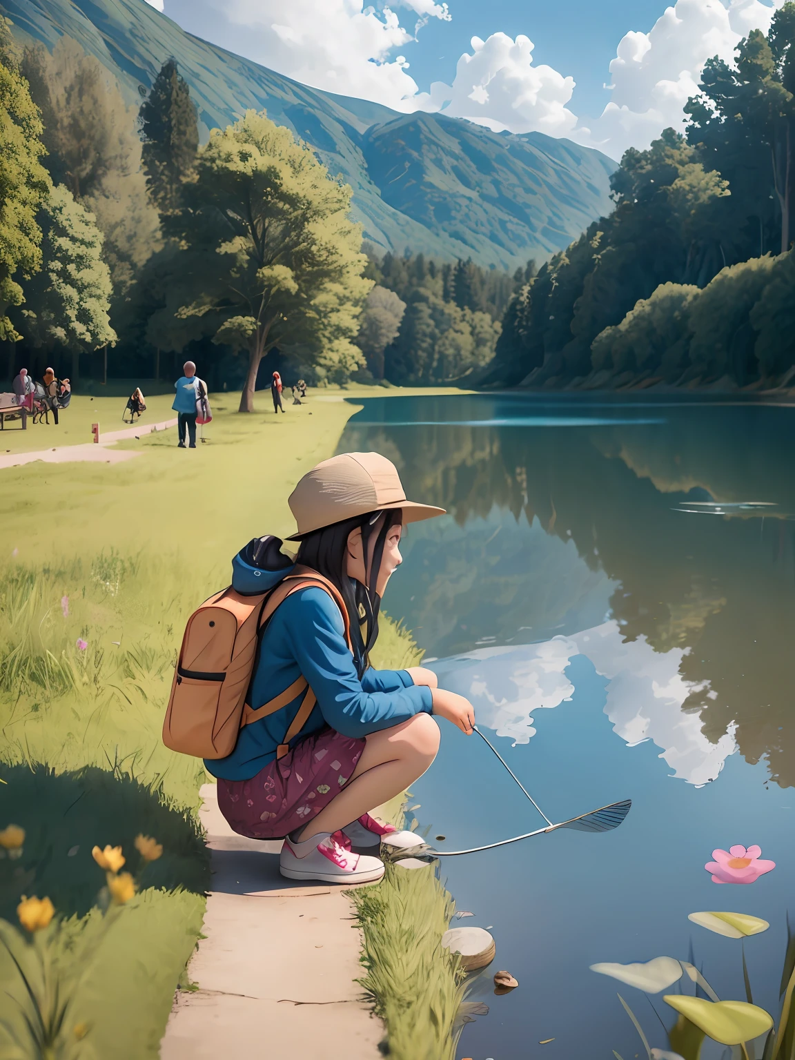 Had cute tells the adventure in the lake catching the fish to all the people who lived in his neighborhood people around the cute little girl listening to the stories of adventure in the blue lake