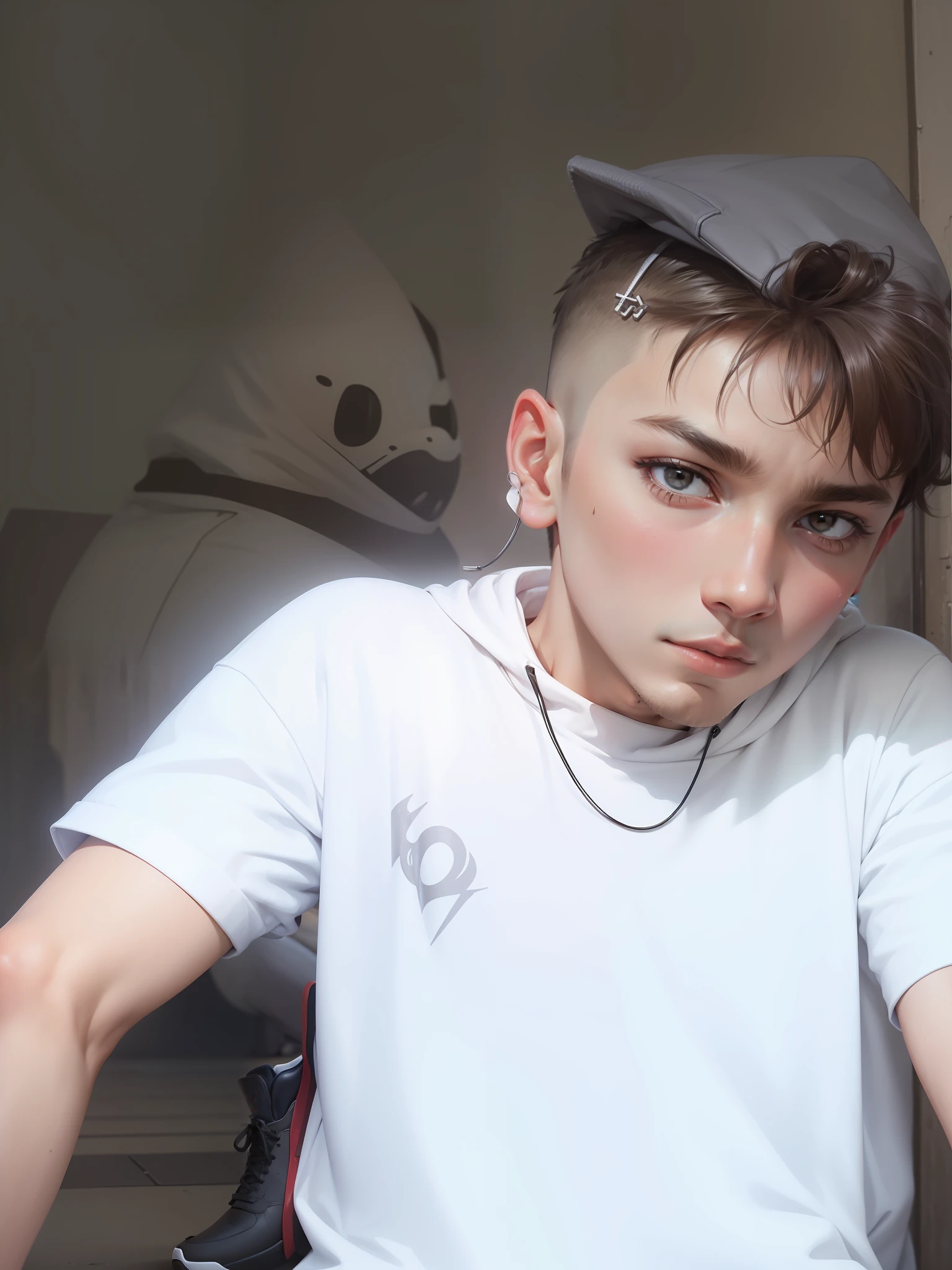 a masterpiece，Bestquality，offical art，8kwallpaper，Extremely Detailed，Illustration，1BOY，Trendy outfits，watch，sneaker shoes，squat down，Hands droop naturally，Hooded jacket，Street side，