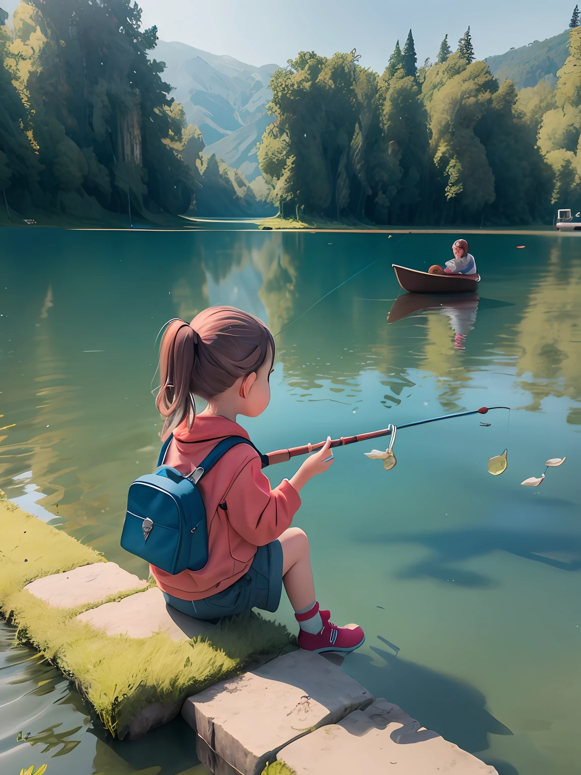 Had cute tells the adventure in the lake catching the fish to all the people who lived in his neighborhood people around the cute listening to the stories of adventure in the blue lake