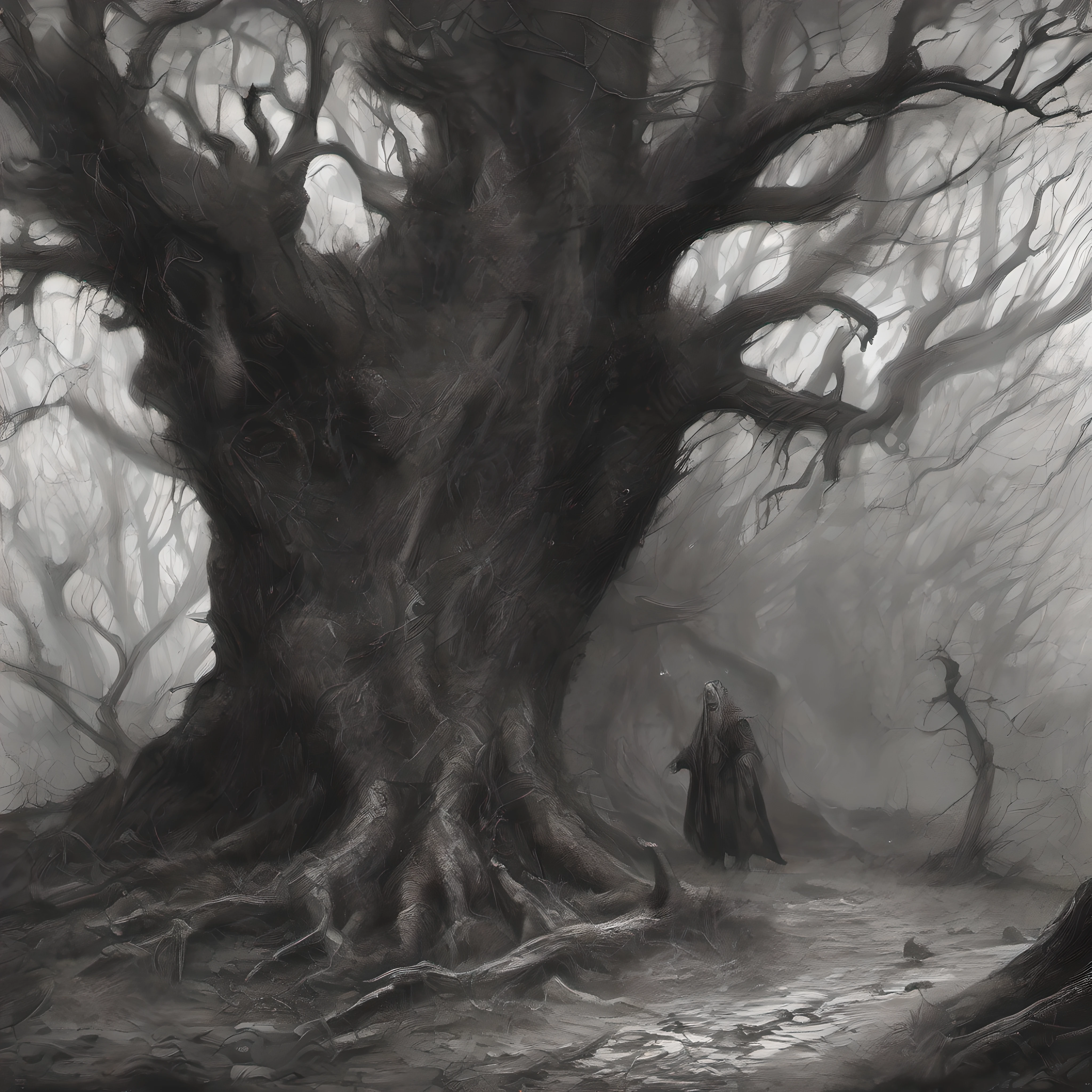 The cursed forest of Mirkwood stretches on for leagues in every direction, a sea of gnarled oaks and firs choked by shadow. Strange sounds echo among the trees as nameless creatures stalk the woods. The Old Forest Road cuts a winding path through the gloom, leading only to despair for those unwise enough to tread its crumbling stones.
A wretched creature stumbles along the road, hunched under the weight of a tattered pack tied to a branch hacked from a malignant tree. Dark stains mar the canvas, signs of unspeakable rituals carried out in the black of night. The thing that was once a man mouths silent words, incantations to demon lords, as he shambles along the accursed path. ness glitters in eyes that have seen what should not be seen.
In the pack, gruesome trophies of the night's unholy work clatter together, jostled by the creature's shambling gait. Foul artifacts meant to open doors betn worlds, pages ripped from blasphemous texts, and other unnamable items - all dredged up from depths that should never see the light. The horrors carried in that stained sack would drive any righteous man to madnes
As the gloaming deepens, the warped trem to lean in closer, reaching with claw-like branches. The scuttling and skittering of unnatural beasts echoes all around. Dark shapes flit through the underbrush, drawn by the miasma of evil surrounding the wretched wayfarer. When night falls fully, the creatures will emerge to take part in the depraved rituals, but for now they watch, and wait.
Onward the figure lurches, deeper into darkness. His mad mind no lon knows day from night, lost on the Old Forest Road under the shadow of Mirkwood's malevolent boughs. No good can come to one who carries such corruption through these accursed woods.