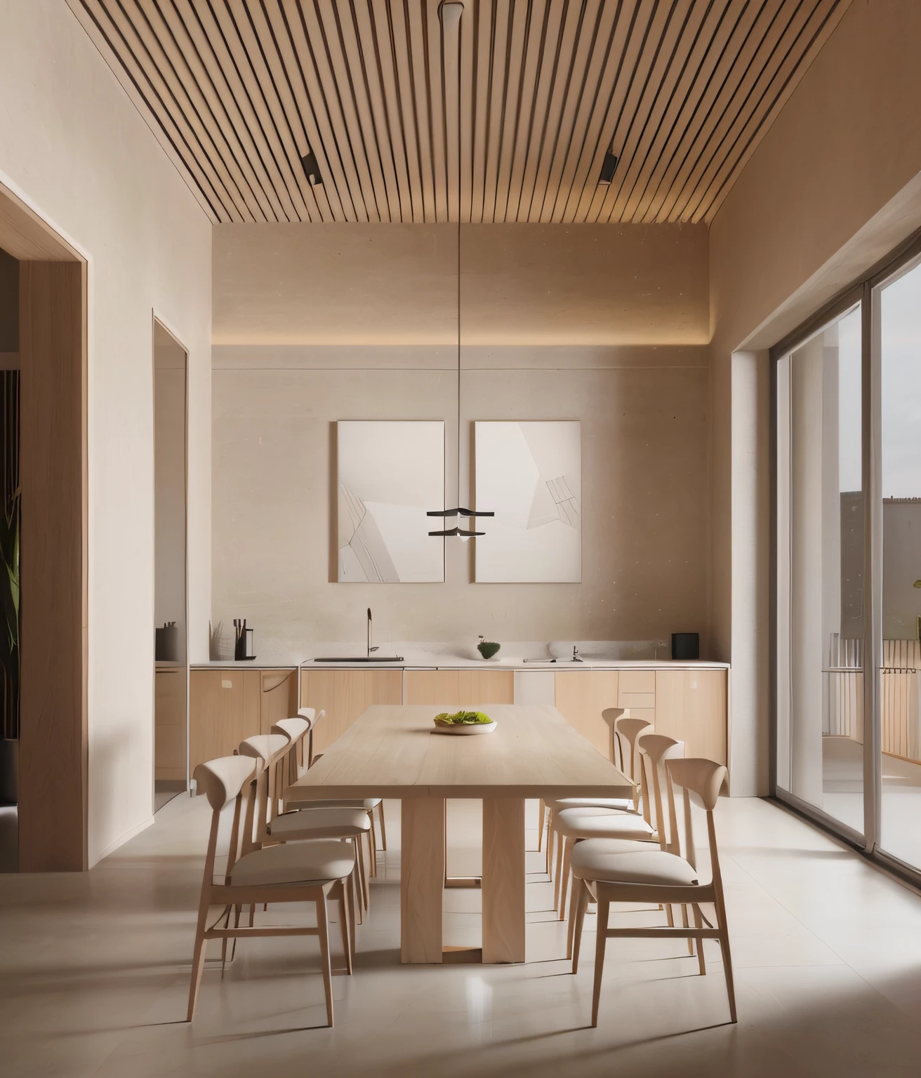 There is a dining room with a table and chairs, inspirado em David Chipperfield, award winning render, Archviz, renderizado em corona, Directed by: David Chipperfield, architectural visualisation, high render, detailed archviz render, stunning render, realistic physics rendering, high-quality render, award winning render, bright render, Casa Japonesa