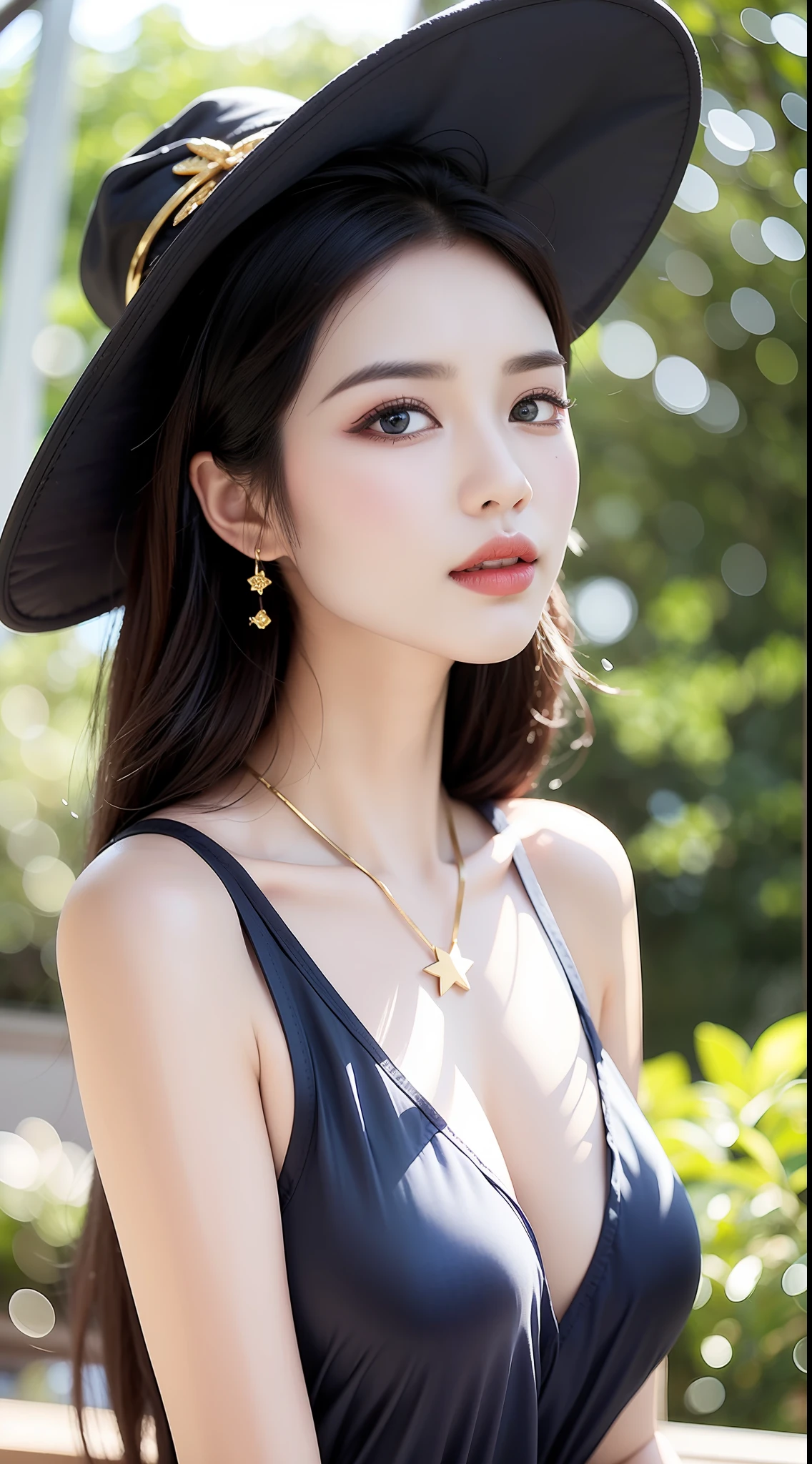roxy migurdia, 1girll, bangs, Black tiara, Witch hat, Blue eyes, Blue hair,The clothes are fitted with gold edges(gilded with gold)Star pupil hair ornament necklace jewelry