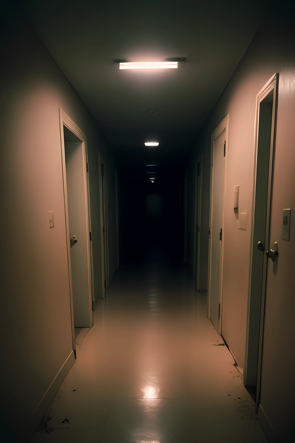 There is a long hallway with two doors and a light on, caminha pelo corredor escuro, unsettling creepy liminal space, corredores escuros, spooky creepy liminal space, longo corredor escuro, corredor escuro, em um corredor escuro, no corredor escuro, the scary empty liminal spaces, weird creepy liminal space, um corredor vazio, liminal space hallway. at the end of the hall a television turned on