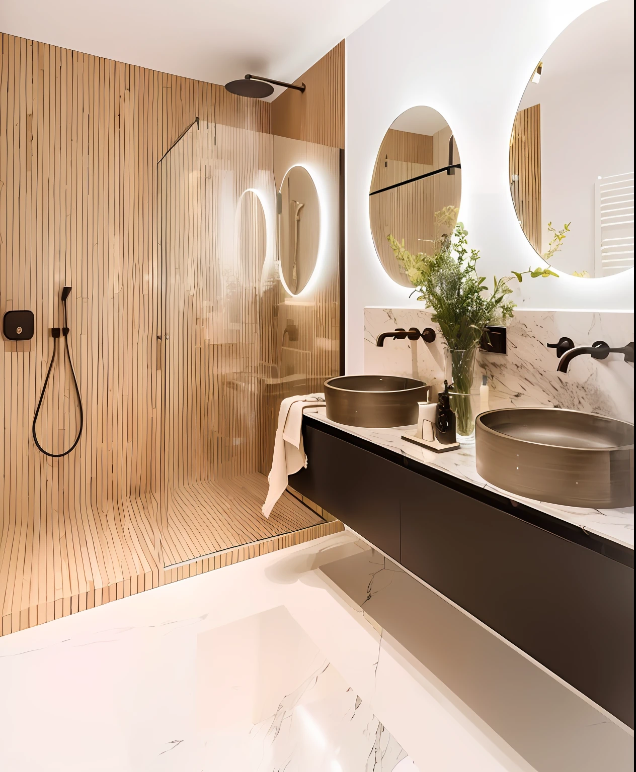 a closeup of a bathroom with a sink and a shower, banheiro moderno, design de banheiro premium, marble and wood and glass, Directed by: Konrad Witz, ouro e materiais de luxo, visual moderno, mirror and glass surfaces, arredores detalhados, smooth marble surfaces, linhas limpas simples, preenchido com luz natural, Brass tubes on the walls, interior de uma casa de banho