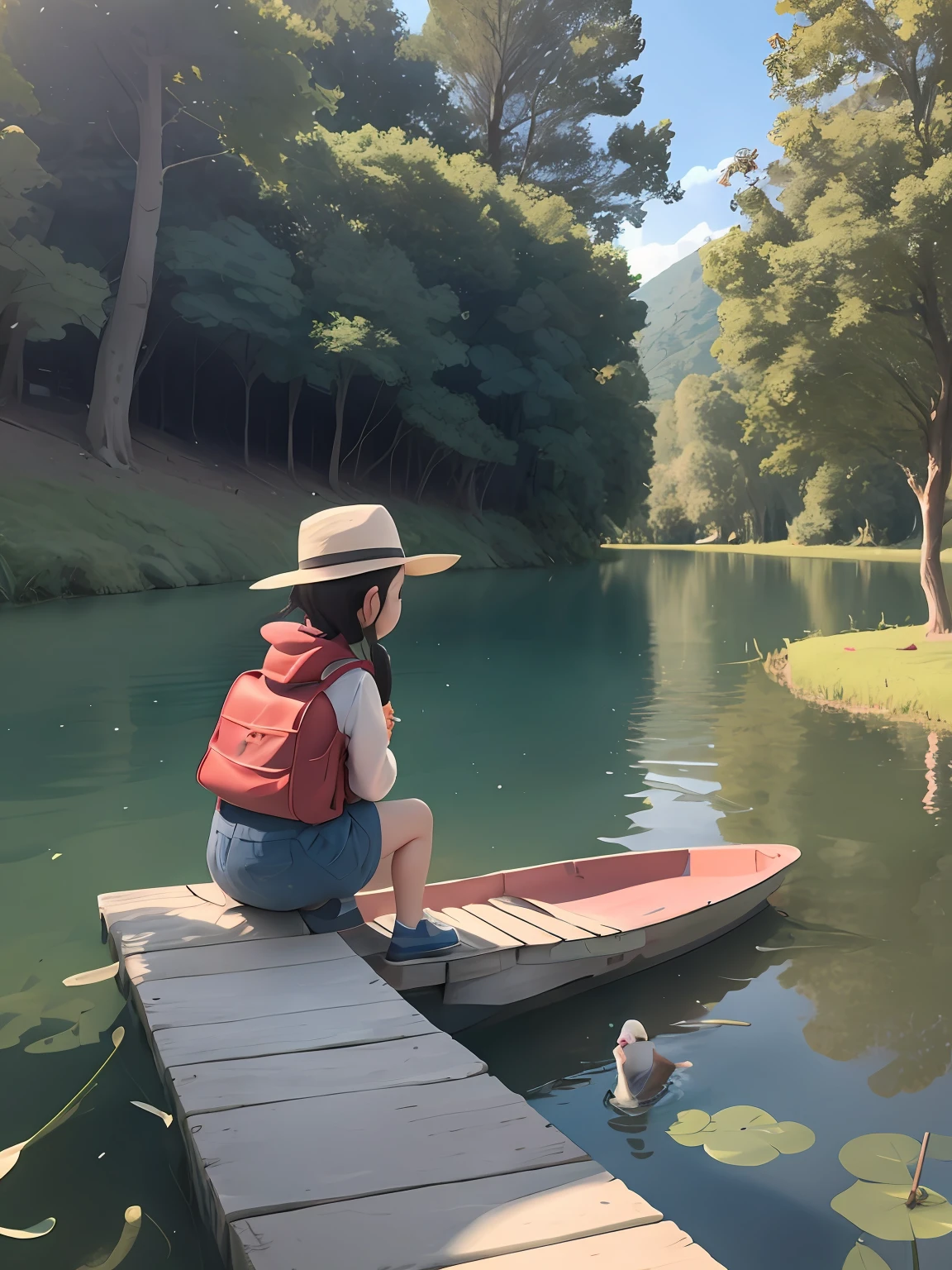 Had cute tells the adventure in the lake catching the fish to all the people who lived in his neighborhood people around the cute listening to the stories of adventure in the blue lake