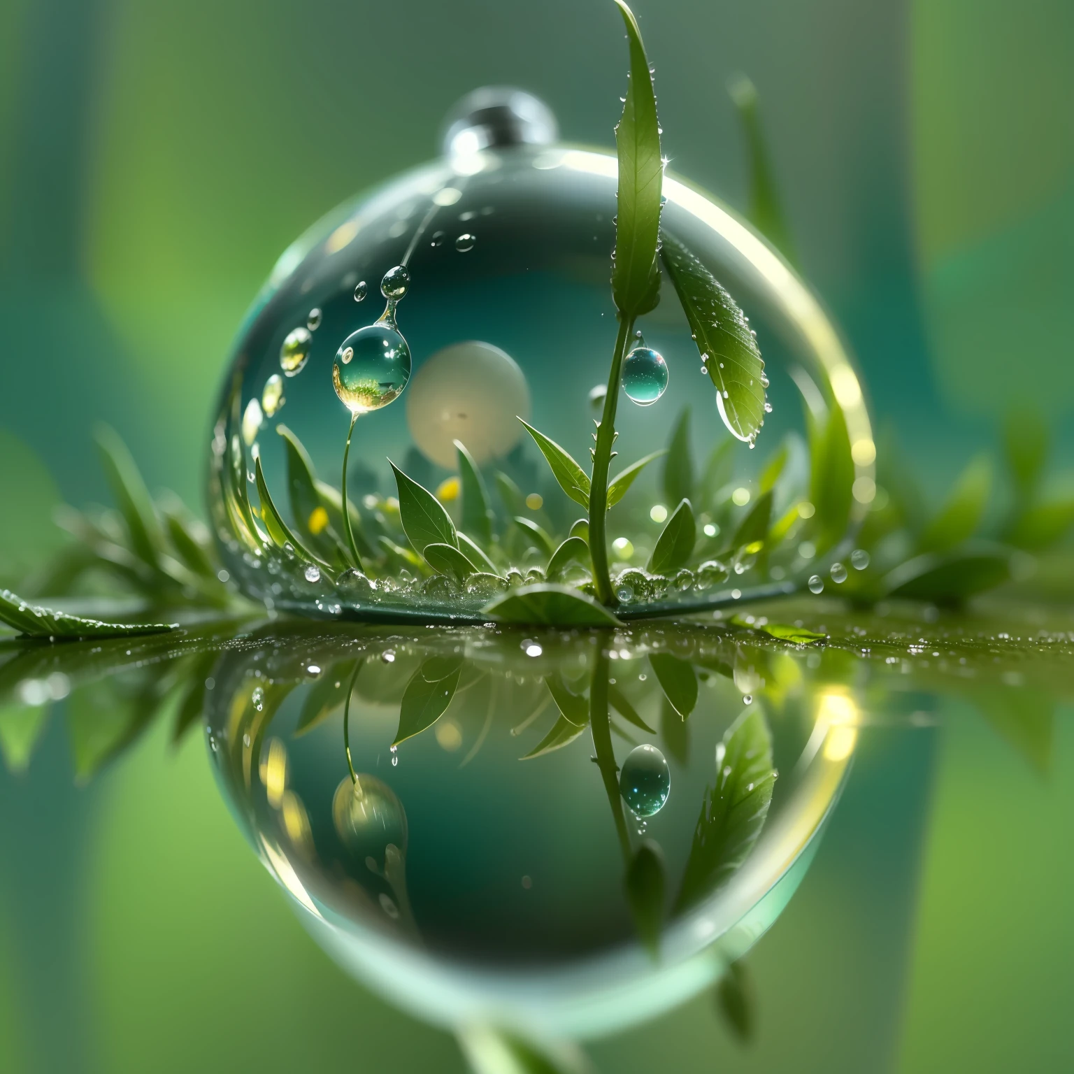 morning, Macro photo, Close-up dew drop on grass, ((The globe in a drop of dew)), (( The night city is reflected in a drop)), Beautiful landscape, 真实感, hiquality, higly detailed