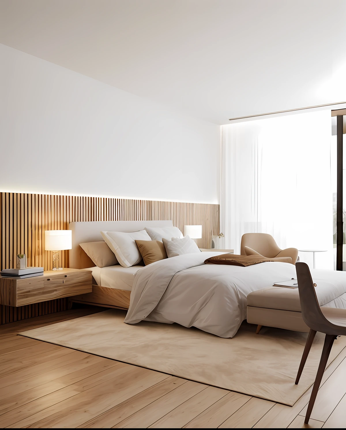 There is a bed with a white duvet and a wooden headboard, high-quality render, award winning render, luz natural no quarto, high quality 3d render, high quality 3d render, bright render, excellent 3d render, vray 8k render, vray renderizado, realistic physics rendering, high-quality render, renderizado no lumion pro