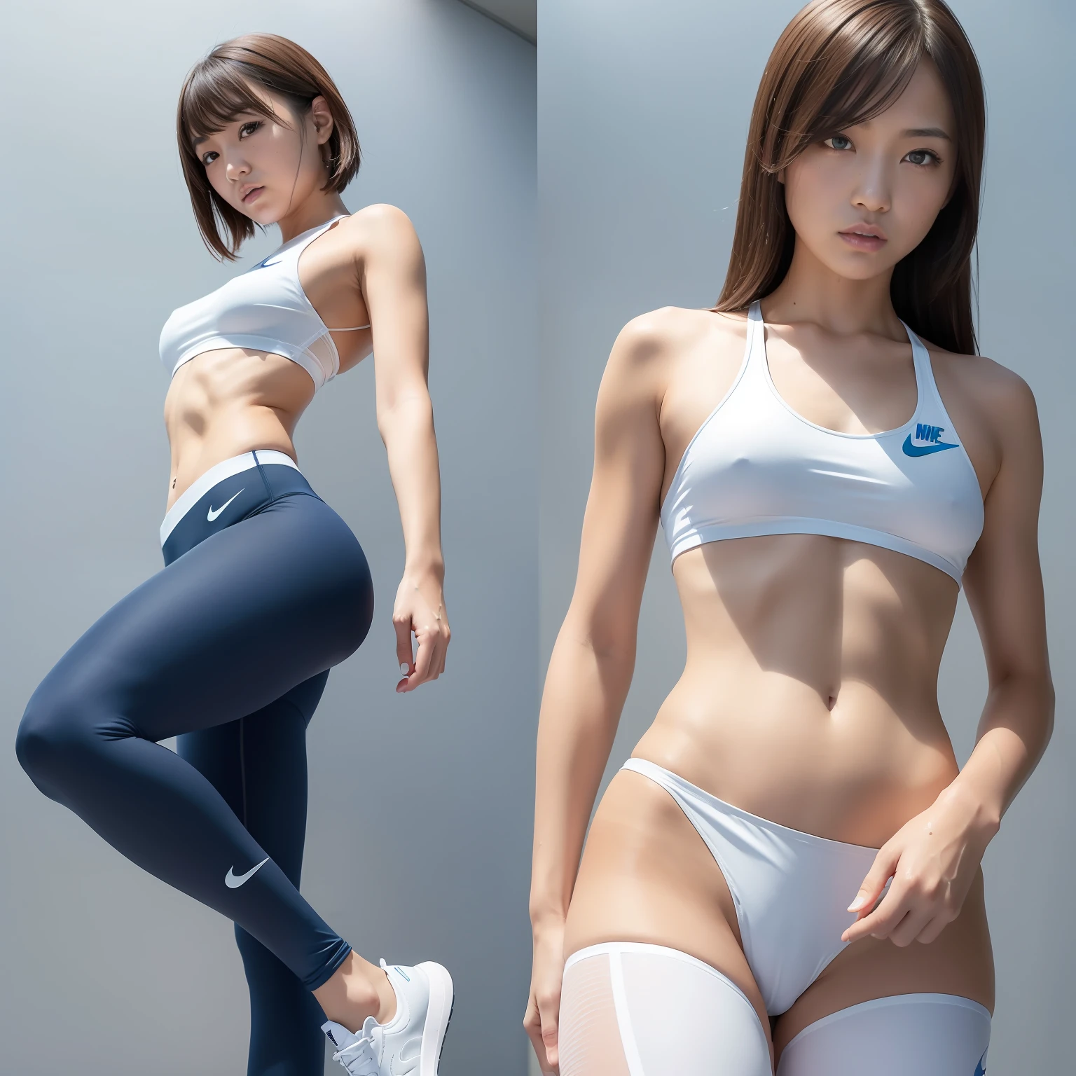 (Solo), (a detailed full-body RAW photo of a girl), (masutepiece:1.0), (Best Quality:1.4), (超A high resolution:1.2), (Photorealistic:1.4), 8K resolution, Canon EOS R5, 50 millimeters, absurderes, ultra-detailliert, (40yo), back focus, Cinematic lighting, Detailed beautiful face, (no-makeup:1.2), (ulzzang -6500-v1.1), petite figure, Detailed skin texture, (flat chest:1.4), (skinny and fit body:1.6), Detailed brown hair, sweltering,(Very short hair:1.5), See Through wear, (Blue and White Nike Wet Thin Competition Athletic Wear sports tights:1.5), More transparent, low rise, realistic glistening skin, Detailed texture, (erect nipples:1.5), dynamic pose, (:0.2), Very small, (eimi fukada:0.7), Cameltoe, well-developed abs, bikini tan,