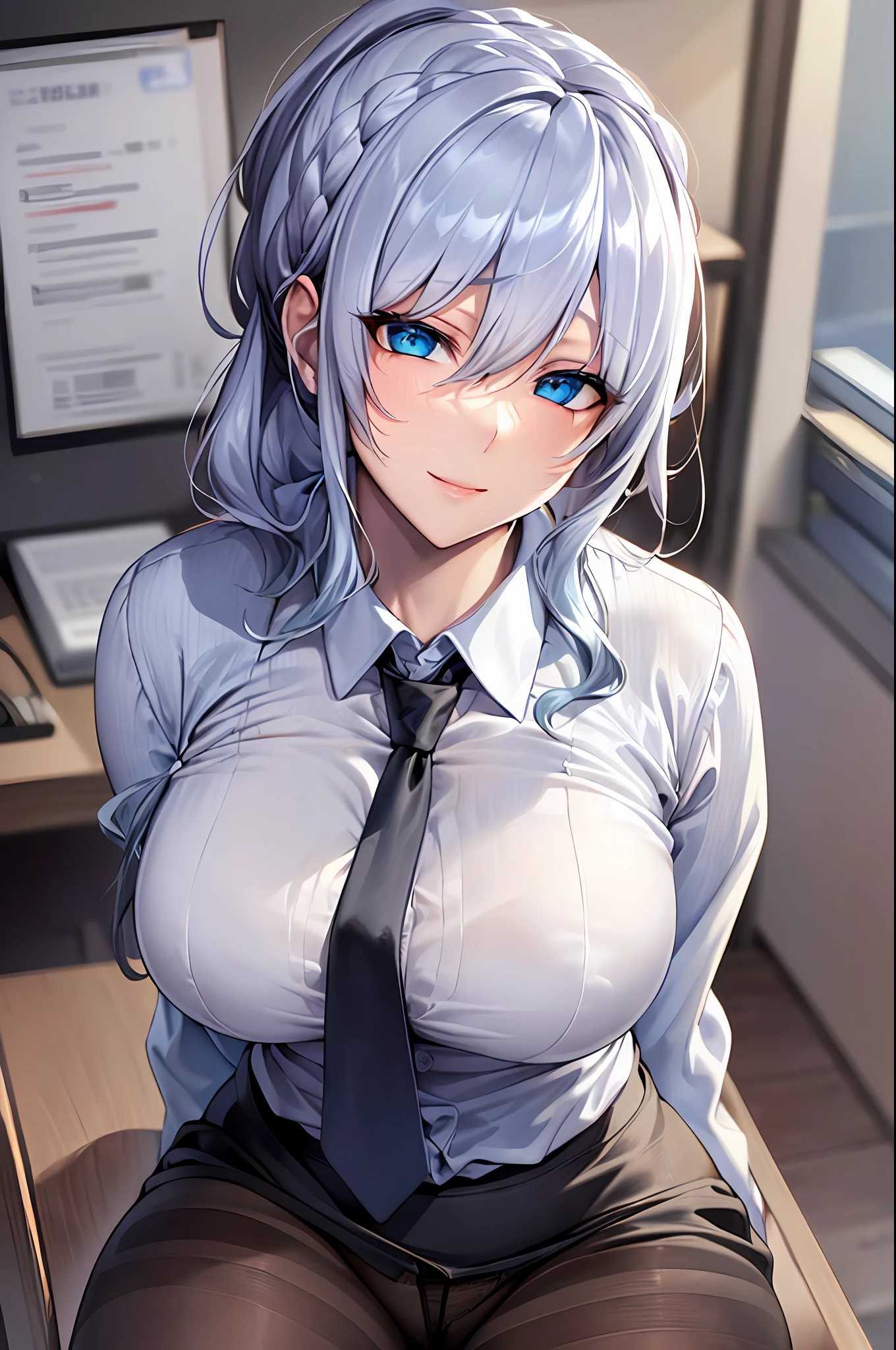 ((masterpiece)), (best quality), beautiful, extremely detailed face, perfect lighting,ultra-detailed,((expressionless)),((cold attitude)),((tsurime)),((tareme)),breasts,((Mature female)),((yukino, long hair, smile, bangs, (big breasts:1.2), braid, silver hair, braided ponytail, blue eyes, ringed eyes,
shirt, long sleeves, white shirt, necktie, collared shirt, pantyhose, formal, suit, black necktie, shirt tucked in, office lady, full body