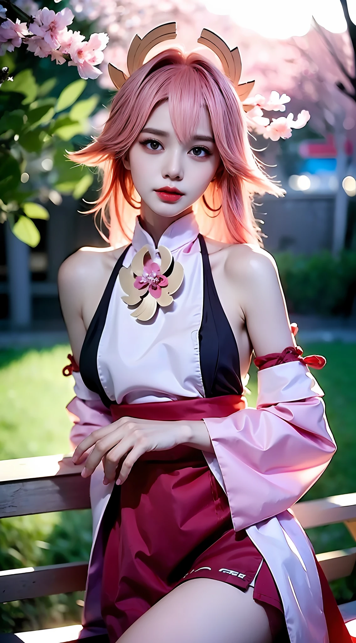 A woman with pink hair sits on a park bench, Korean girl, Anime girl in real life, beautiful Korean women, belle delphine, Anime girl cosplay, jaeyeon nam, ulzzangs, inspired by Yanjun Cheng, sakimichan, haruhi, sakimichan hdri, cute elegant pose, sakura haruno