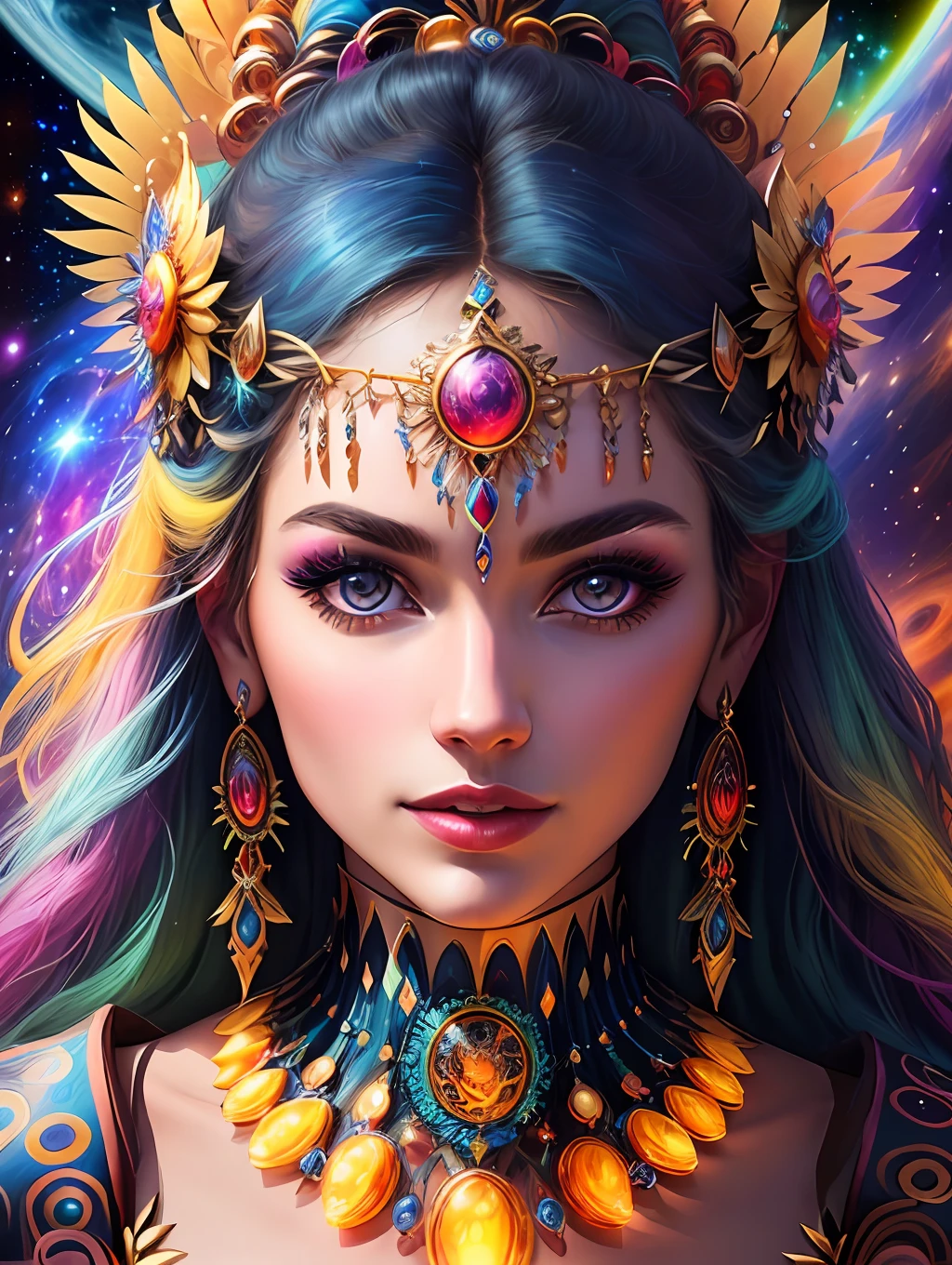 a close up of a woman with a head full of colorful lights, portrait of a cosmic goddess, cosmic goddess, psychedelic goddess, dmt goddess, a stunning portrait of a goddess, goddess of space and time, goddess portrait, goddess of galaxies, psytrance artwork, portrait of a beautiful goddess, goddess close-up portrait, goddess art, visionary art style