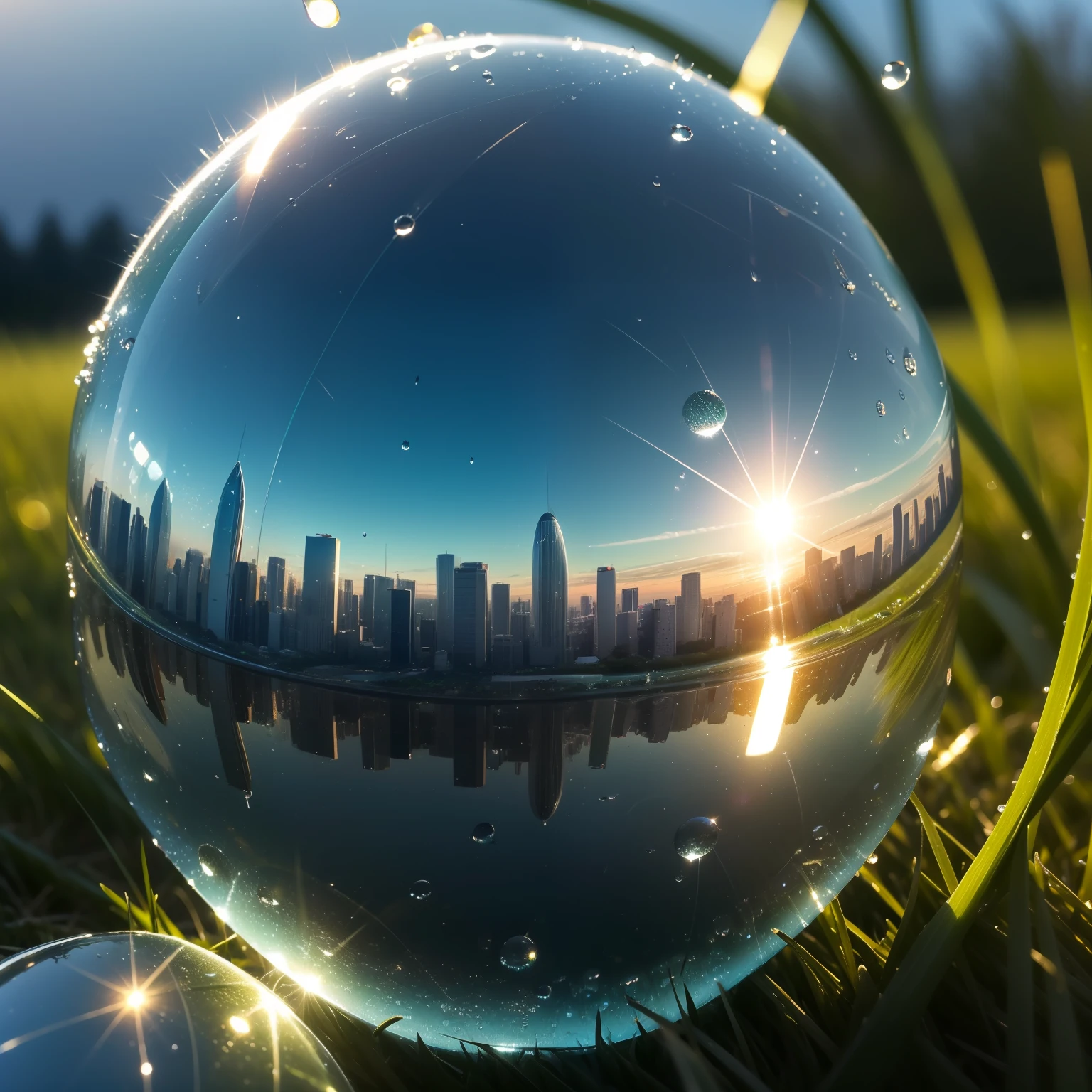 morning, Macro photo, ((Close-up dew drop on grass)), ((The globe in a drop of dew)), (( The night city is reflected in a drop)), Beautiful landscape, 真实感, hiquality, higly detailed