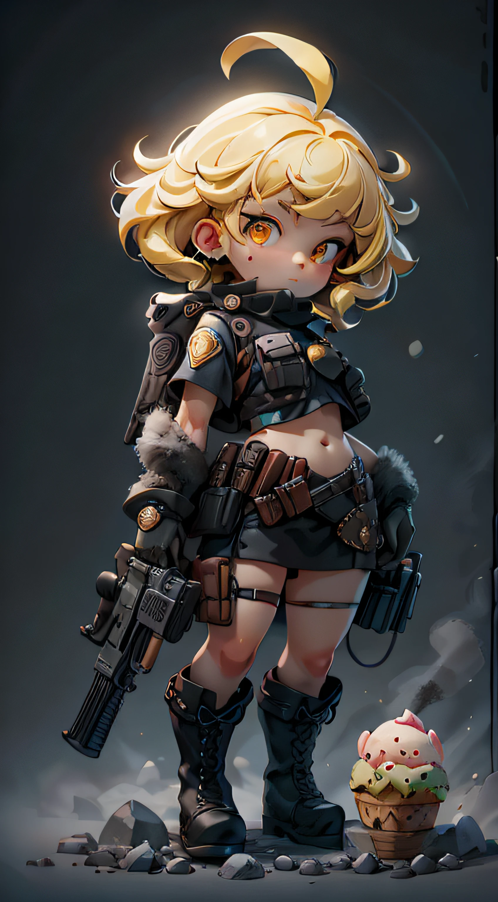 plastican00d， 1girll， tchibi， Yellow hair， Luxury fabrics， dither， Ice cream texture，Profound， looking at viewert， Striped background，standing on your feet，full bodyesbian，Tactical policeman in police uniform，femele，Heavy weapons in hand，full armour，best qualtiy，tmasterpiece，A high resolution，Pretty Girl Criminal Police，short detailed hair，Black crop top vest，Brown belt，Pistol holster on the thigh，Body armor，Tactical gloves，Black miniskirt，Police uniform style，Black long-barreled flat boots，Police badge on the chest，，