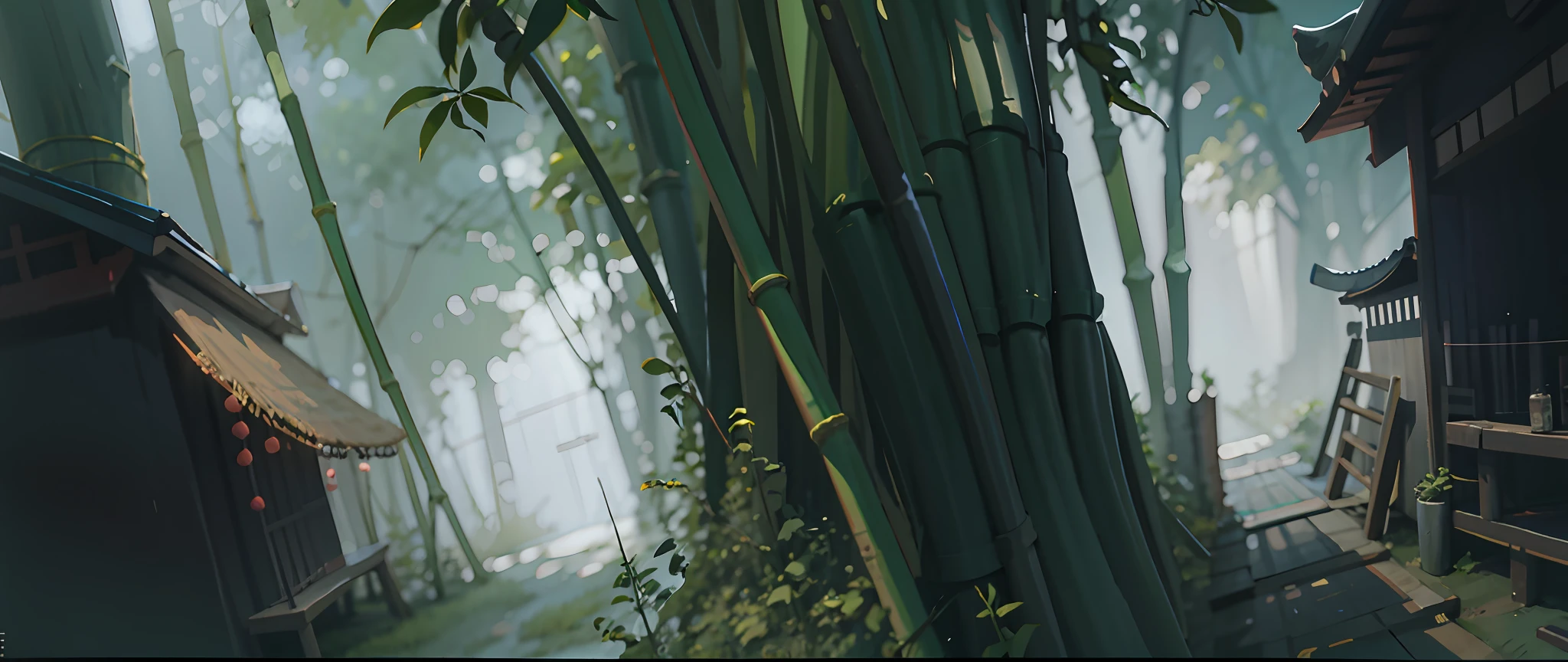 bamboo in the middle, Japanese ancient wooden house next to it, bamboo forest. high detail digital painting, soft digital painting, speed painting, speedpainting, detailed digital painting, atmospheric. digital painting, hard light digital painting, ultra detail. digital painting, low detailed. digital painting, speedpaint, sharp digital painting, a digital painting, very detailed digital painting