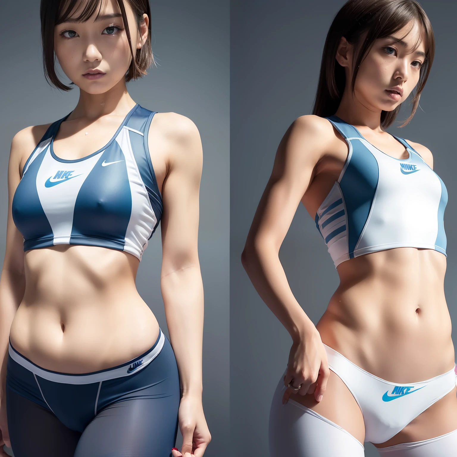 (Solo), (a detailed full-body RAW photo of a girl), (masutepiece:1.0), (Best Quality:1.4), (超A high resolution:1.2), (Photorealistic:1.4), 8K resolution, Canon EOS R5, 50 millimeters, absurderes, ultra-detailliert, (40yo), back focus, Cinematic lighting, Detailed beautiful face, (no-makeup:1.2), (ulzzang -6500-v1.1), petite figure, Detailed skin texture, (flat chest:1.4), (skinny and fit body:1.6), Detailed brown hair, sweltering,(Very short hair:1.5), See Through wear, (Blue and White Nike Wet Thin Competition Athletic Wear sports tights:1.5), More transparent, low rise, realistic glistening skin, Detailed texture, (erect nipples:1.5), dynamic pose, (:0.2), Very small, (eimi fukada:1.2), Cameltoe, well-developed abs, bikini tan,