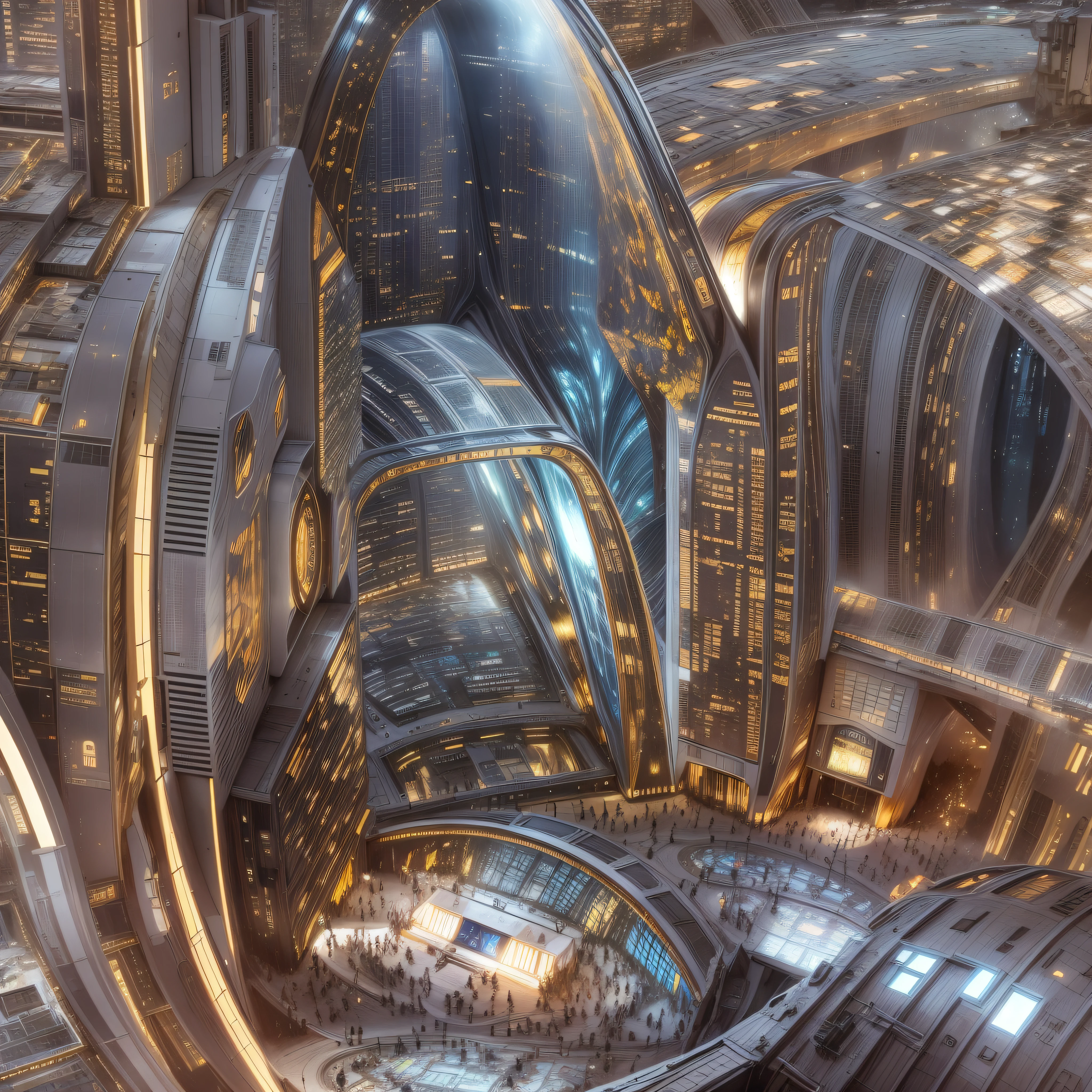 en un planeta desconocido la tripulacion de una spacecraft, Stroll through its bright pavement observing the immense buildings of great technology and fantastic design with colors of the luminous arch and abundance of silver, oro y bronce en sus edificaciones.