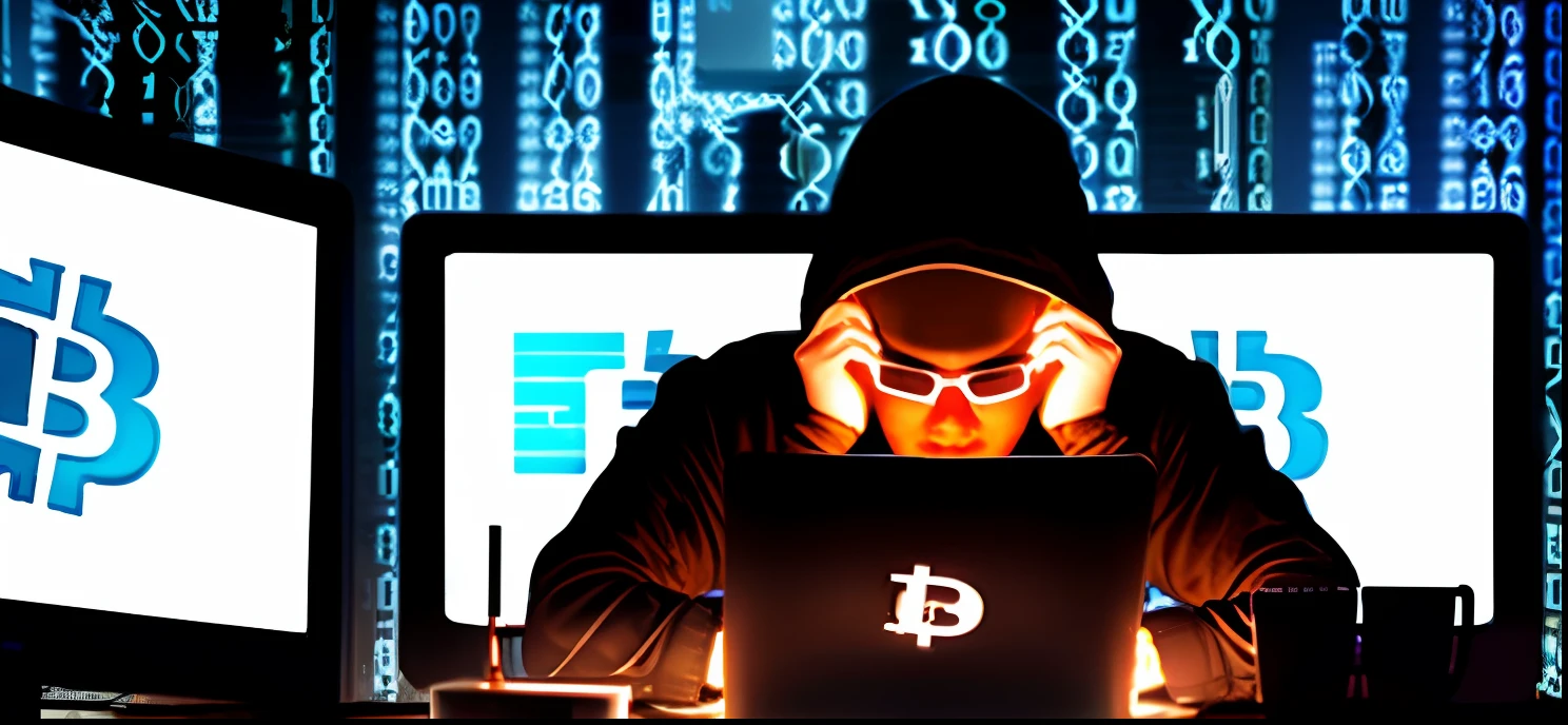 dark room lit only by computers a silhouette of a hacker is hacking cryptocurrencies